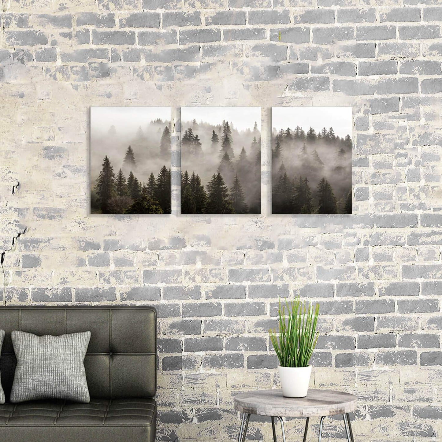 Foggy Forest Picture Wall Art: Landscape Painting Misty Pine Trees Artwork Print on Canvas for Kids Rooms(16"x12"x3pcs)