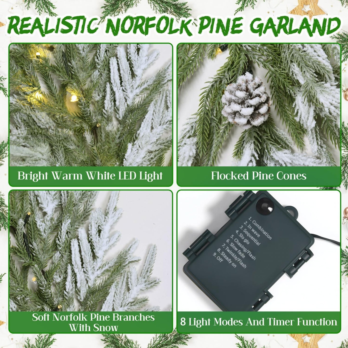 YoleShy 6FT Real Touch Norfolk Pine Garland Christmas Garland with Pinecone and White Snow (1, 6 FT)