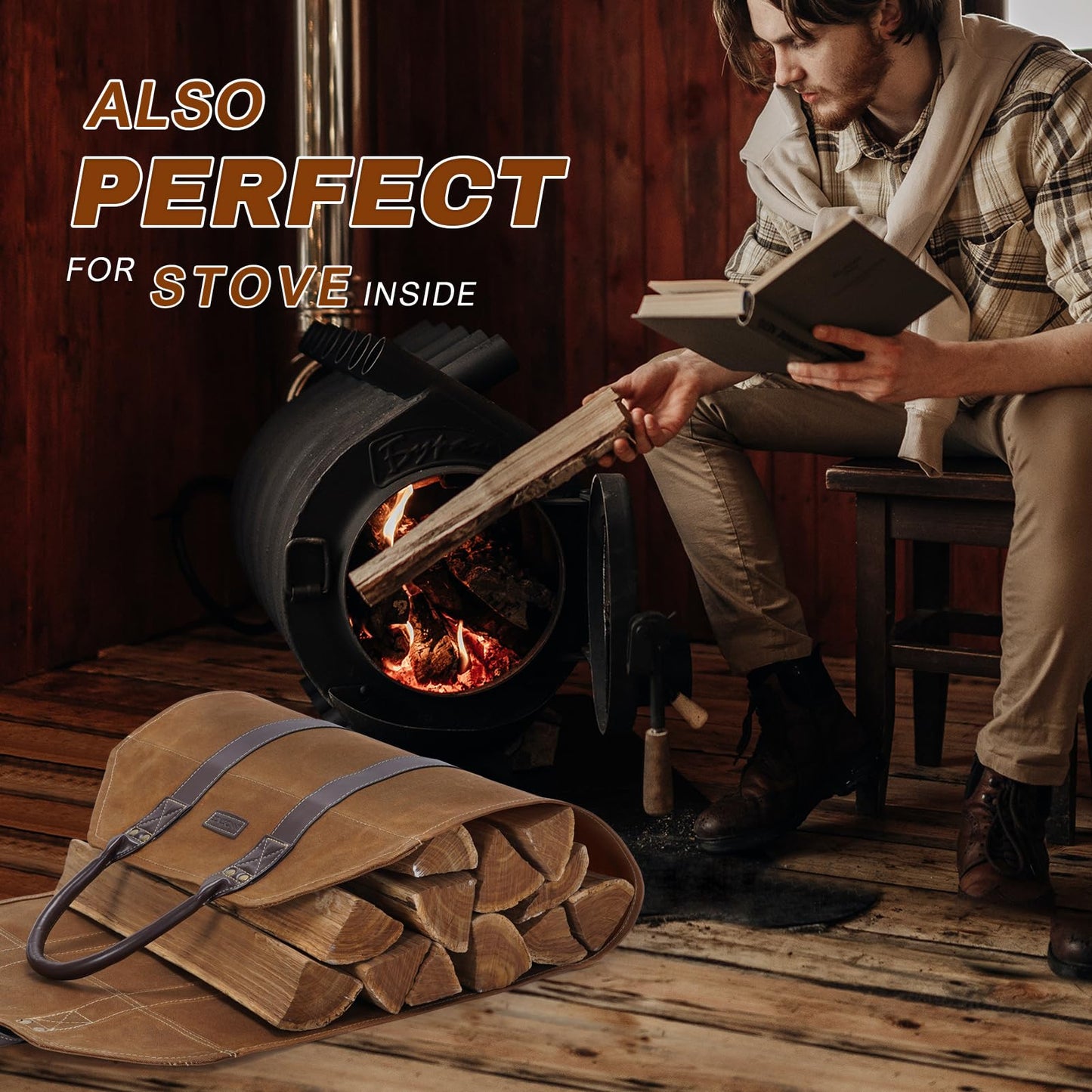 INNO STAGE Canvas Log Carrier Bag,Durable Wood Tote,Fireplace Stove Accessories,Extra Large Firewood Holder with Handles for Camping (Rust)