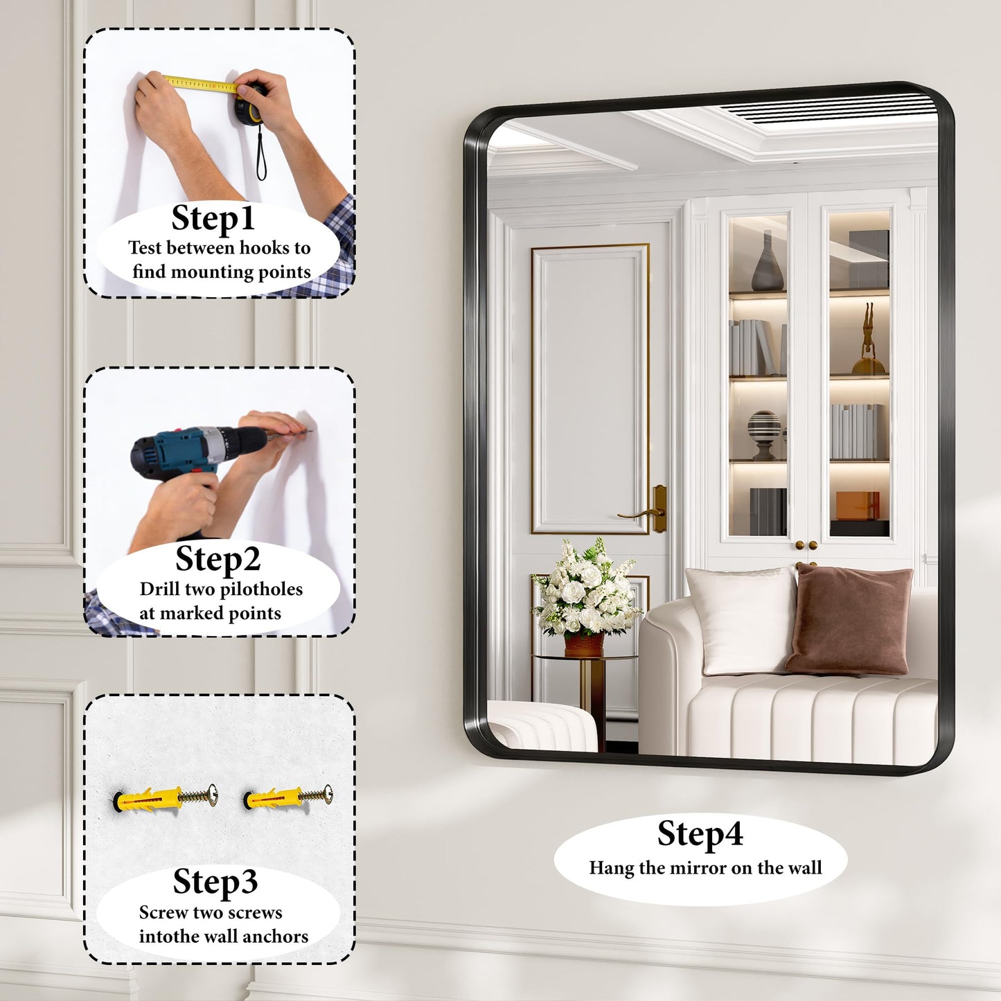 Black Metal Vanity Rounded Rectangle Bathroom Mirrors for Over Sink Wall, 55x30 Inch Large Matte Mirror, Anti-Rust, Modern Decorative for Restroom, Farmhouse