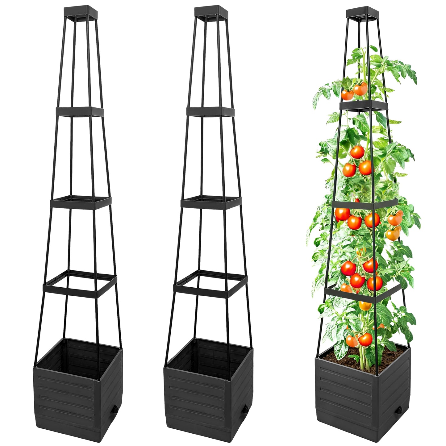 SYITCUN Tomato Planter with Trellis, 57 Inch Self-Watering Planter Box 2-Pack, Grey Planter with Metal Support for Outdoor Indoor Climbing Plants