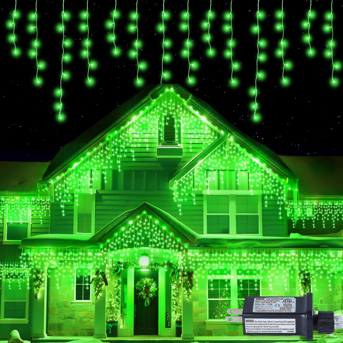 Qunlight 300LED Icicle Lights for Outside,Green Curtain Lights for St Patrick Day,8 Modes with 30V Plug in for Wedding, Party,Bedroom,Home,Garden,Outdoor,Indoor Wall,Christmas Decorations,Connectable