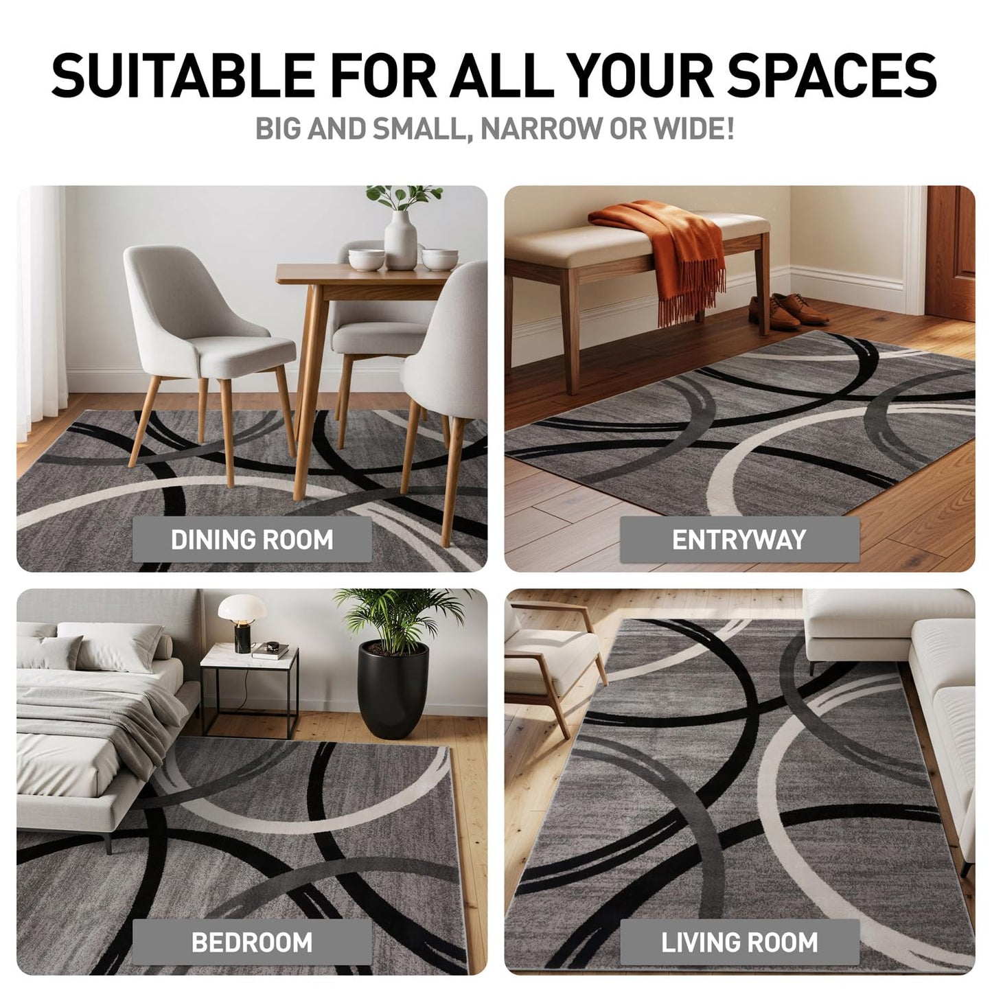 Rugshop Wavy Circles Design Area Rug, Fade-Resistant Carpet for Kitchen, Entryway, or Office, Gray, 3'3" x 5'