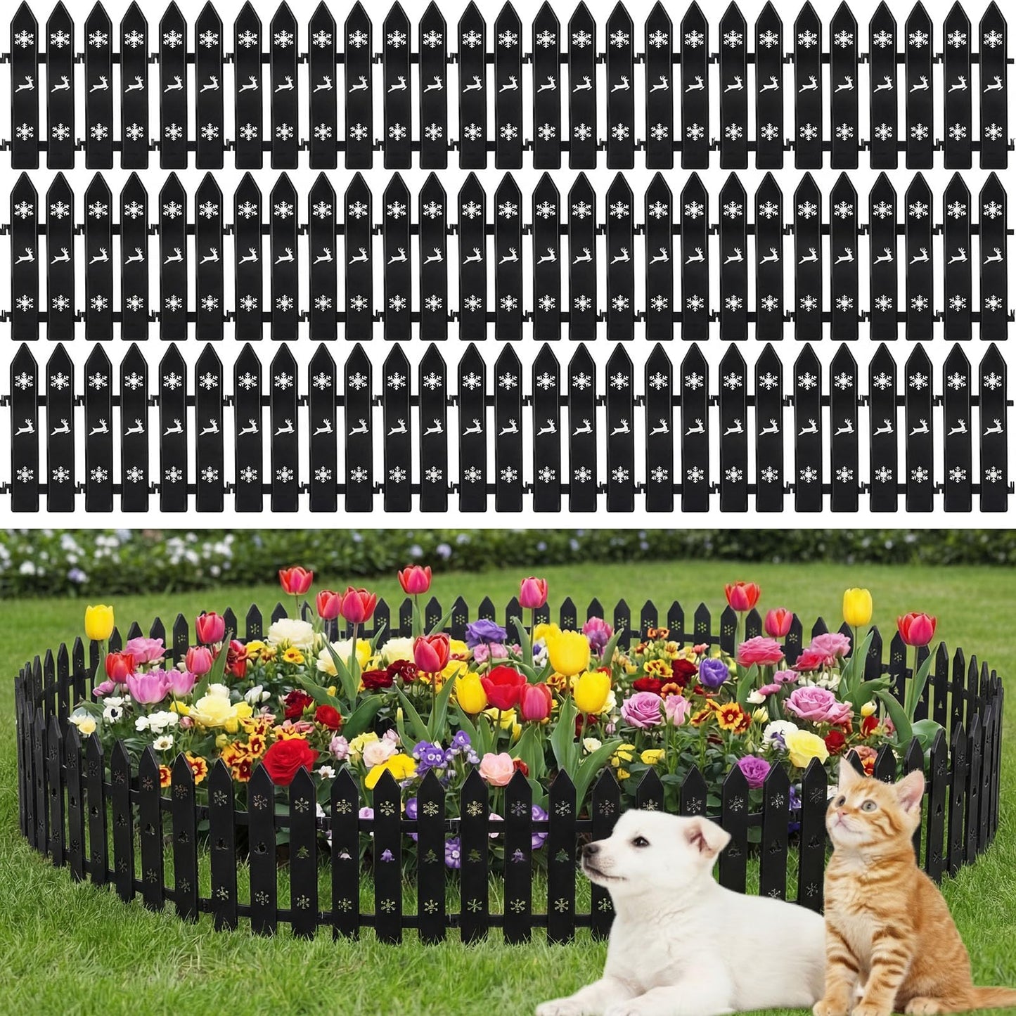 Anglechic 48 Pcs Garden Fence Edging Plastic Picket Barrier Decorative 12 Inch Total Plastic Picket Fence Border for Flower Beds Lawn Edging Landscape Guard for Yard Path Small Animal(Black)