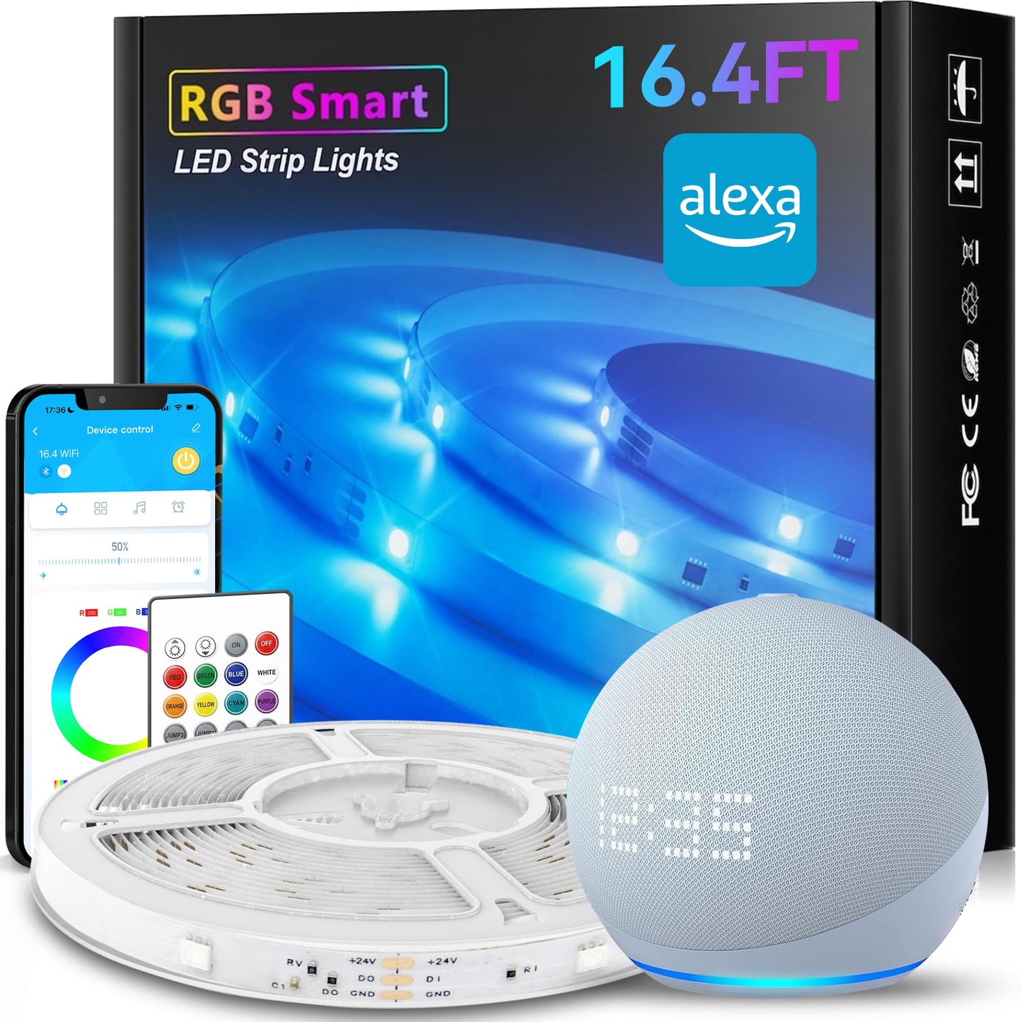 TJOY Smart Led Strip Lights for Bedroom16.4ft, Compatible with Alexa, RGB Color Changing Music Sync Led Lights