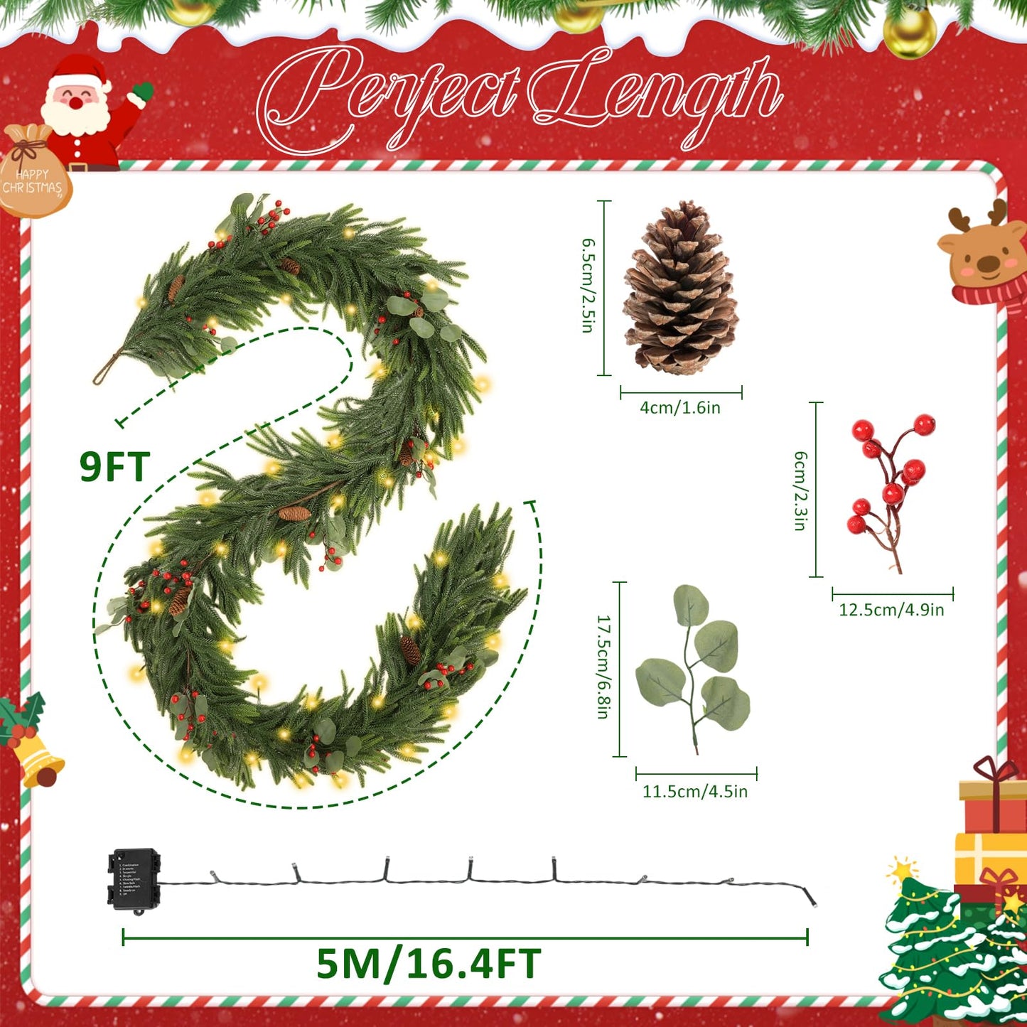 9FT Garland with 7 Modes LED Light, 9 True Pinecones&Red Cones&Eucalyptus Leaves, Norfolk Pine Garlands for Festivals Day, Wall, Indoor, Outdoor Holiday Winter Decorations