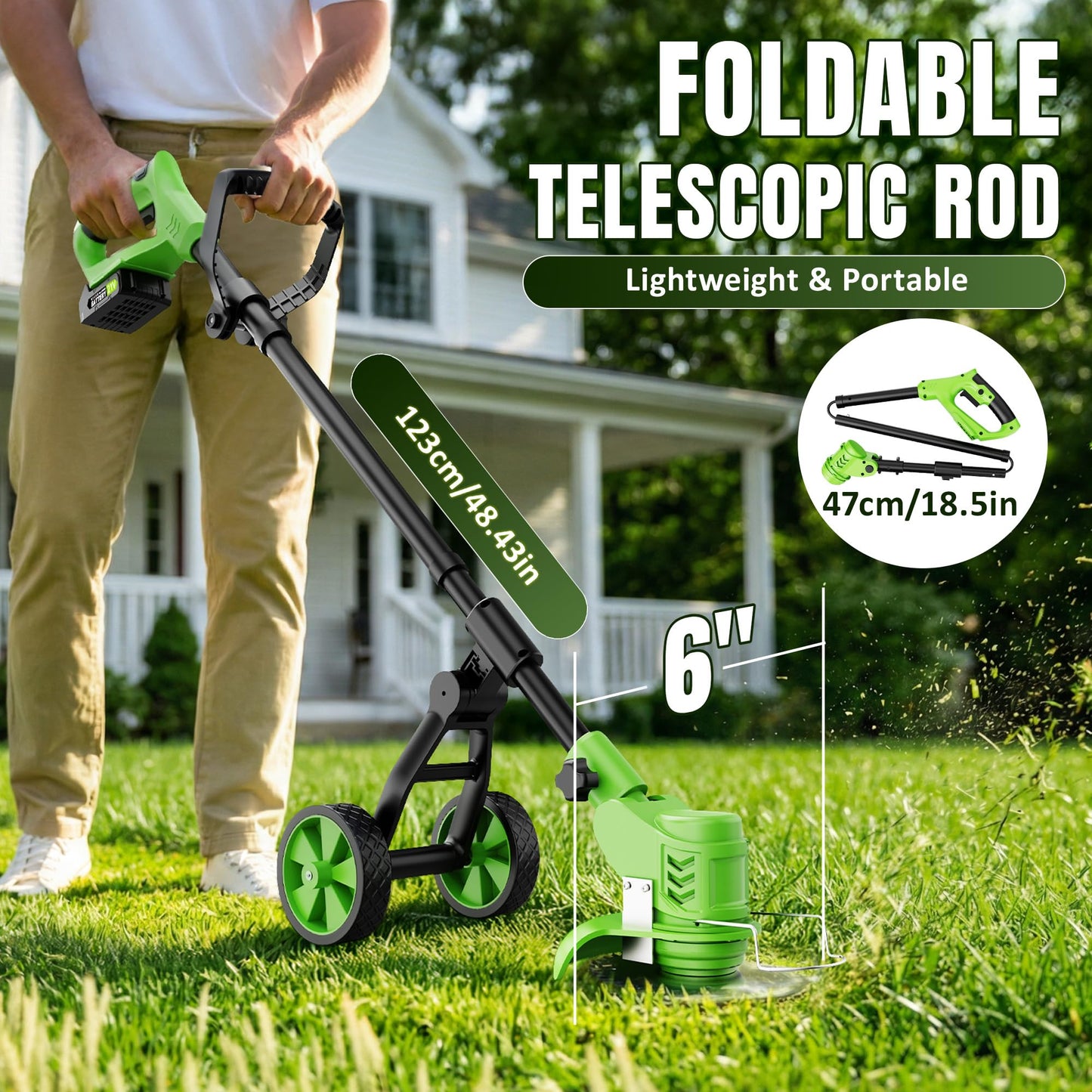 4-in-1 Cordless Weed Wacker with Wheels, 4000mAh Battery Powered Stringless Weed Eater, Brushless Grass Trimmer with 2 Batteries, 3 Blade, Adjustable Head, Lightweight Lawn Edger Brush Cutter