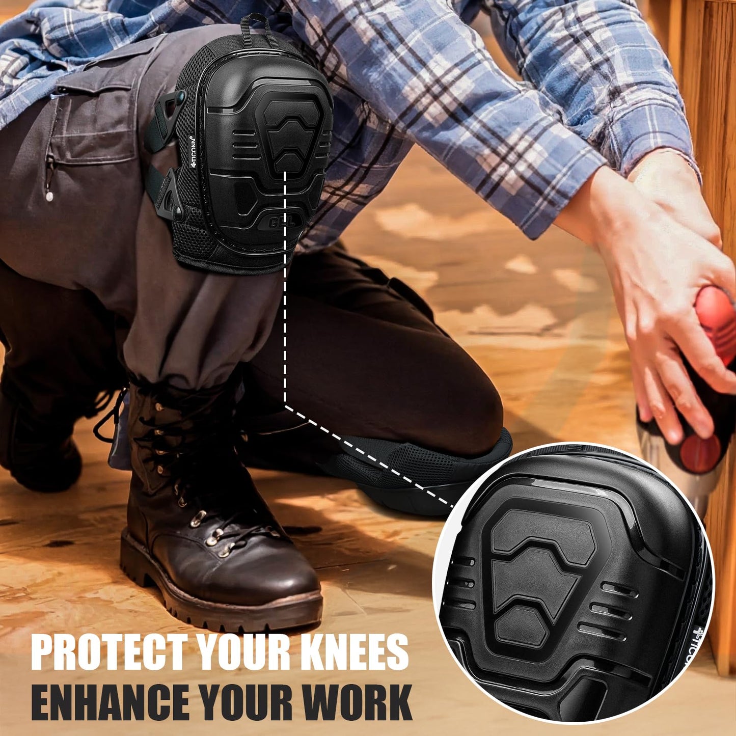 TICONN Gel Knee Pads for Work, Professional Heavy Duty Work Knee Pads for Men with Soft Foam and Gel Cushion for Men Construction, Garden, Flooring (Black)