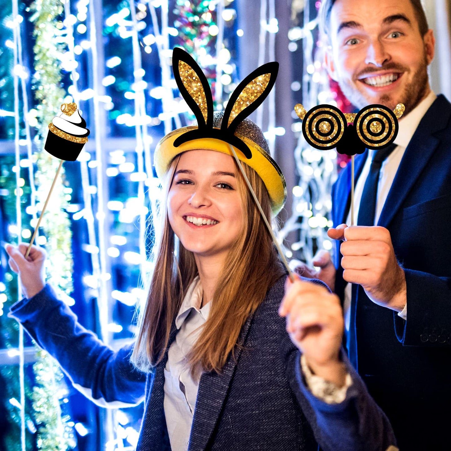 Zonon 24 Pcs Funny Photo Booth Props Class of 2026 Graduation Birthday Wedding Family Class Reunion Prom Disco Party Celebration Decoration Supplies Mix of Hats, Lipstick, Tie(Golden)