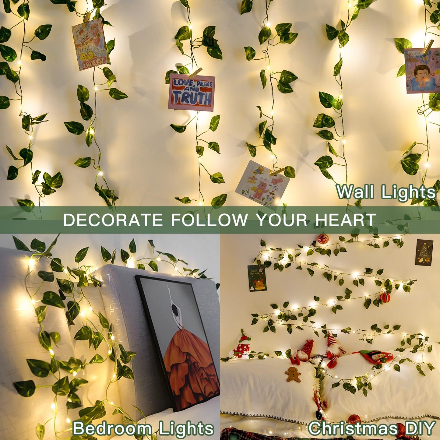 suddus Vine with Fairy Lights Battery Operated, 33ft100 LED Pothos String Lights with Remote, Leaf Lights for Bedroom, Room, Wall, Garden, Party, Wedding Dorm Decor(Warm White)