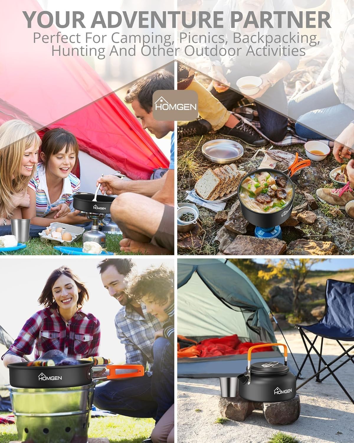 HOMGEN Portable Camping Cooking Set with Folding Windscreen-Lightweight Aluminum Camp Pots and Pan-800ml Teapot- 2 Cups & Plates- Complete Camping Mess Kit for Hiking Picnic Camping RV Trevel Trip
