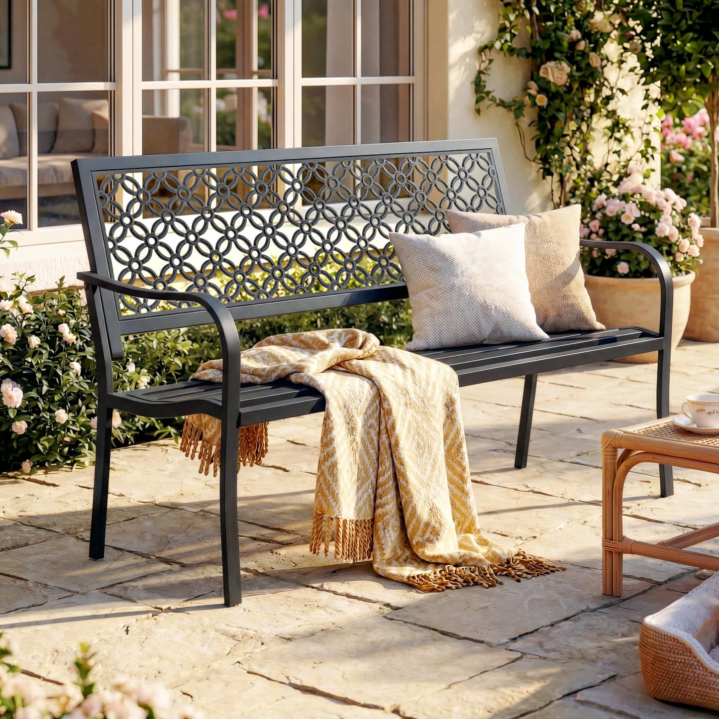 50" Outdoor Bench Weatherproof, 700 lbs Capacity Heavy Duty Garden Benches with Galvanized Metal Frame, Patio Bench with Floral Backrest, Patio Furniture for Porch, Park, Yard, Entryway, Black