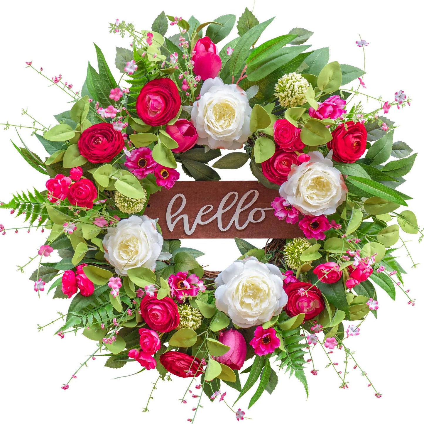 Pinkpuii Spring Wreaths for Front Door Outside– 24 Inch Spring Summer Wreath with Vibrant Pink Peony,Tulip & White Rose Flowers and Hello Wooden Sign,Ideal for Farnhouse Porch,Wall,Window Décor
