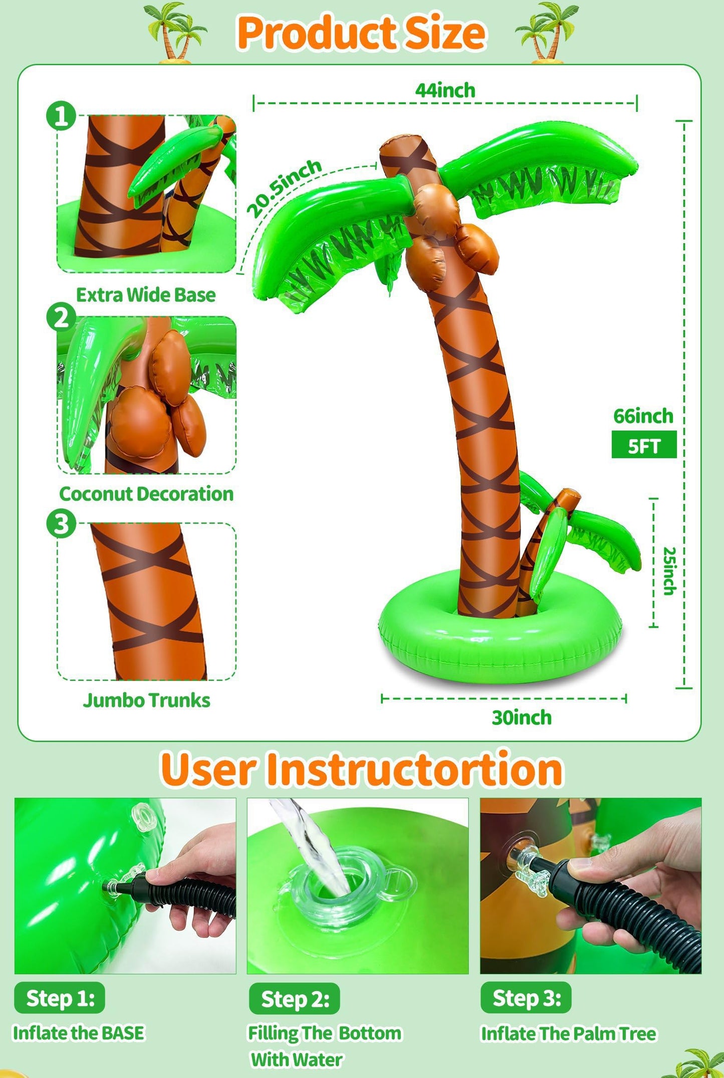 2 Pack Inflatable Palm Trees with Exclusive Two Trunks, 5.5Ft Blow Up Palm Tree Luau Hawaiian Tropical Theme Birthday Indoor Party Decoration, Outdoor Summer Beach Pool Party Supplies Photo Prop Decor