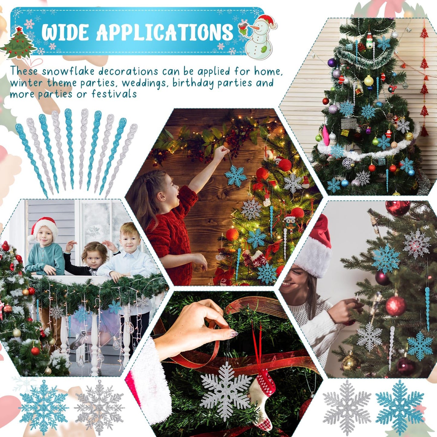Deekin 72 Pieces Snowflake Icicle Ornaments for Christmas Tree Snowflake Twisted Icicles Glitter Hanging Decorations for Winter Xmas Tree New Year Party Supplies (Light Blue and Silver)