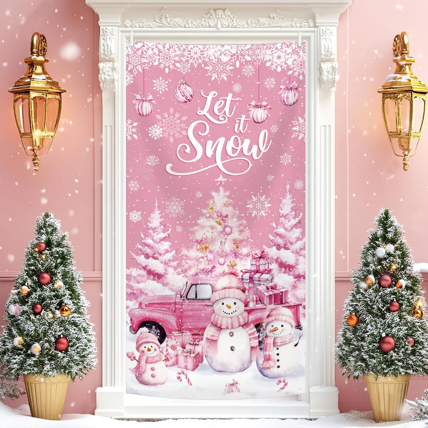 MEHOFOND 35x71inch Let it Snow Christmas Door Cover, Winter Pink Snowman Front Door Decoration, Winter Wonderland Snowman Backdrop Holiday Christmas Birthday Baby Shower Party Decor Photo Booth Props