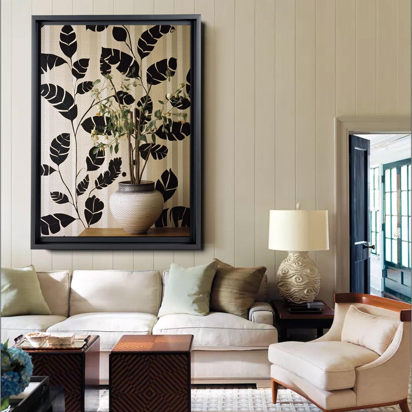 Scandinavian Folk Art, Black and Beige Abstract Botanical Wall Art for Scandinavian Home Decor