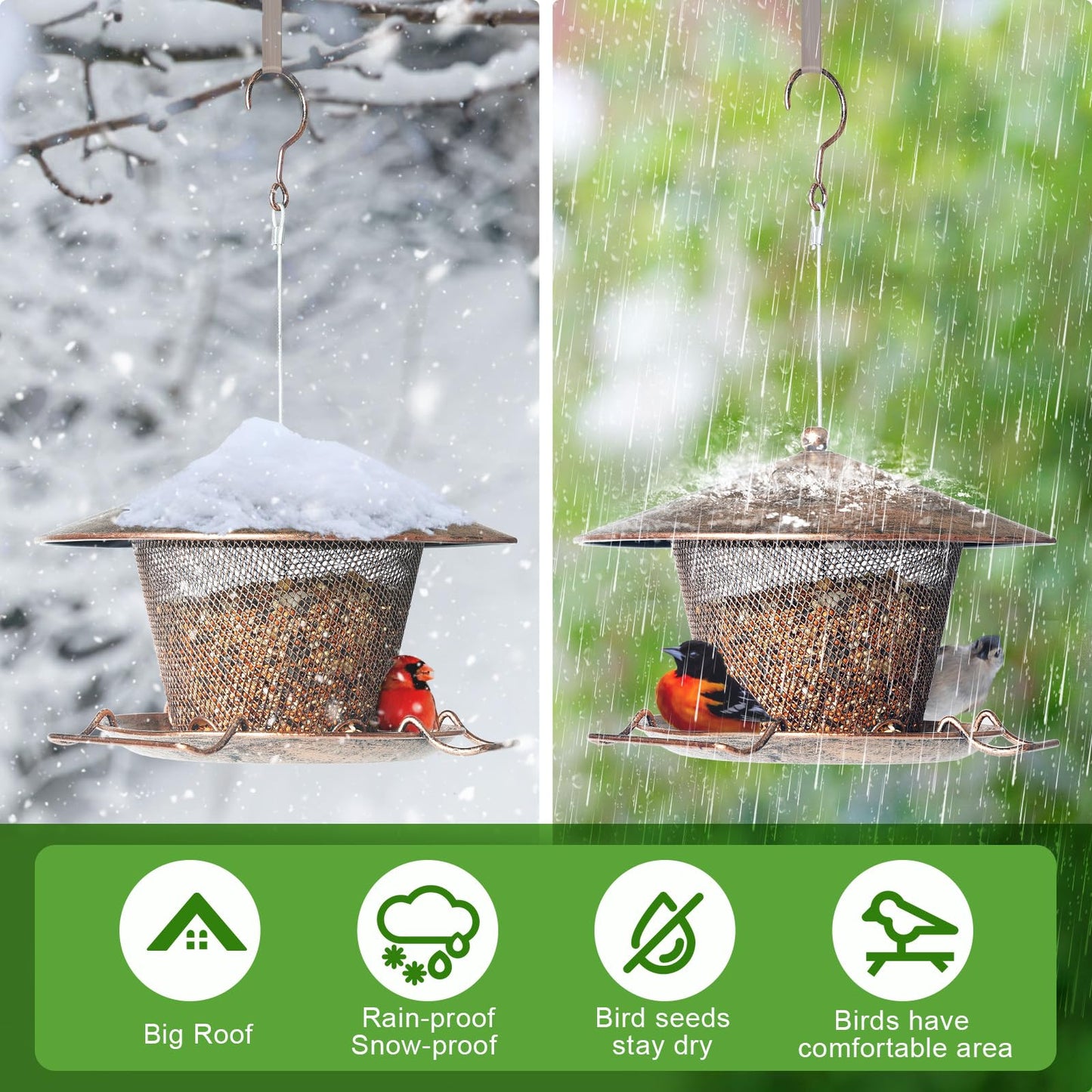 Samhe Bird Feeder for Outdoor, Rainproof Weatherproof Metal Hanging Wild Bird Feeder with 9.8" Roof 3 LBs Seeds Capacity, Easy to Clean & Refill