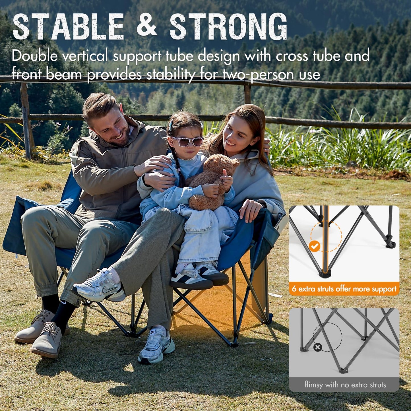 PORTAL Double Camping Chair, 2 Person Folding Loveseat for Adults, Padded Cushion Camp Lawn Love Seat with Side Pocket Portable Couch, Two Person Heavy Duty Wide Chairs with Cup Holder, 600 lbs