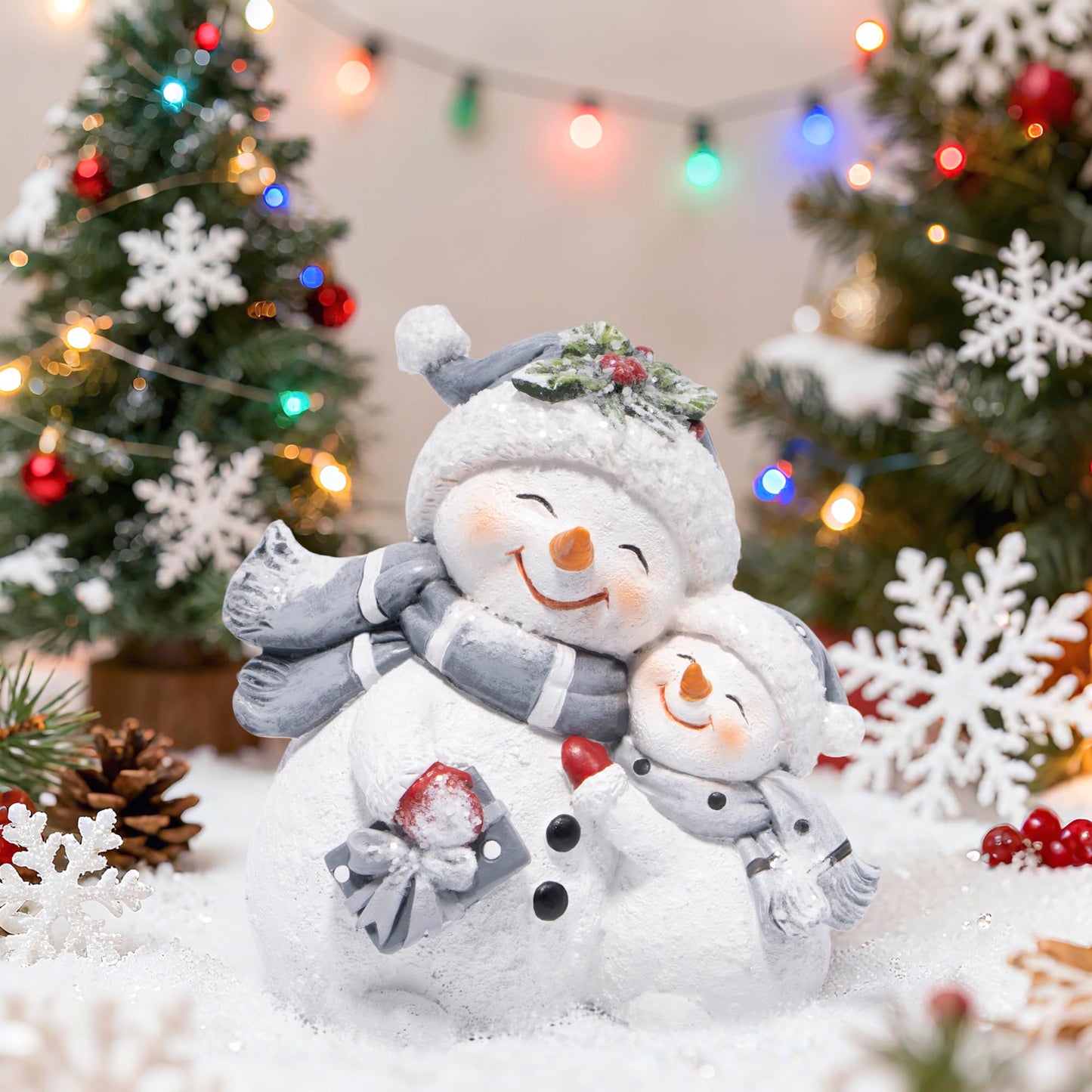 Hodao Snowman Figurines Decorations, Resin Snowman Ornaments for Indoor Home Decor, Cute Holiday Figurine Gifts for Bedroom, Living Room, Winter New Year Gift，Office Table Display