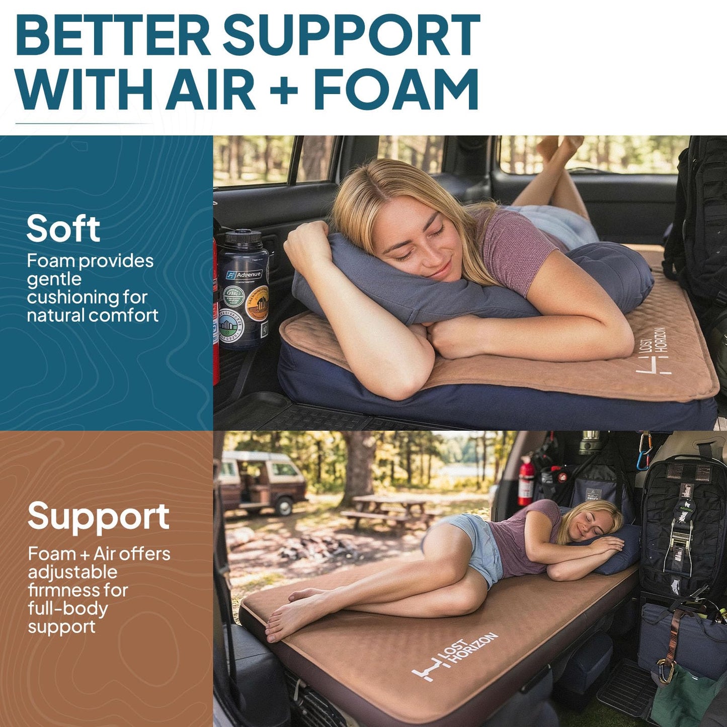 Lost Horizon Air & Foam Camping Mattress, Self-Inflating Sleeping Pad, 4.5" Thick, with Pump Sack, Full