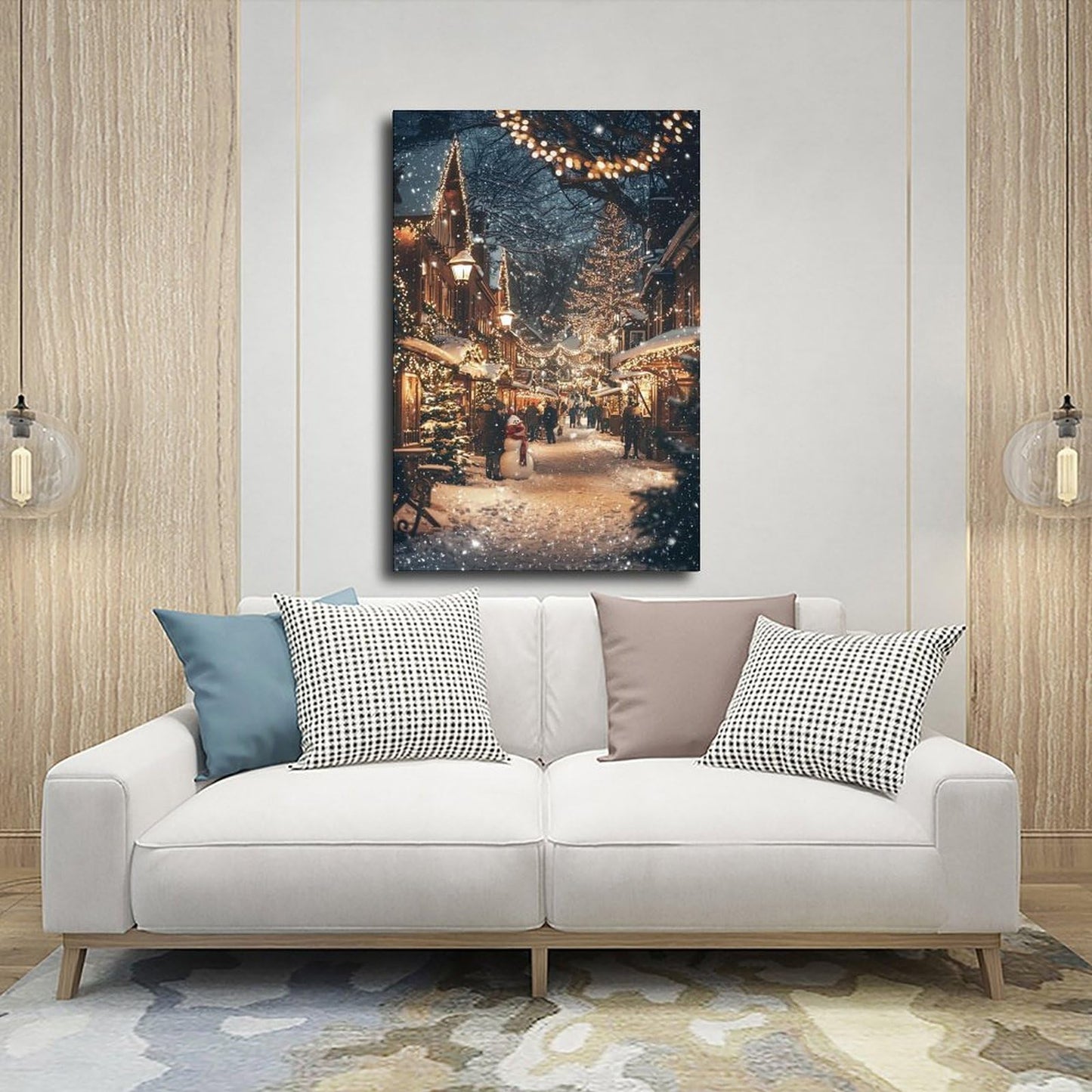 Festive Winter Town Wall Art – Snow Covered Village, Holiday Lights And People Poster Print for Teen Boys Room Wall Art Canvas Painting Print 12x18inch(30x45cm)