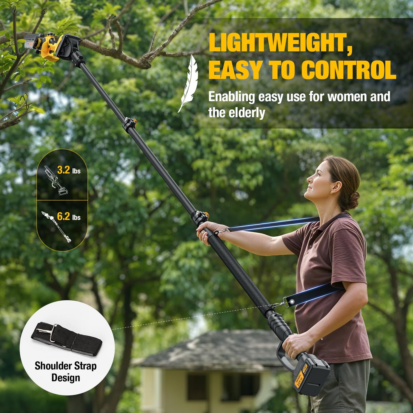 2-IN-1 Cordless 6-Inch Pole Saw & Chainsaw - 1200W Brushless Motor, Total Reach of Max 15.9 FT, Lightweight, Electric Pole Saws for Tree Trimming Pruning with 2×Batteries
