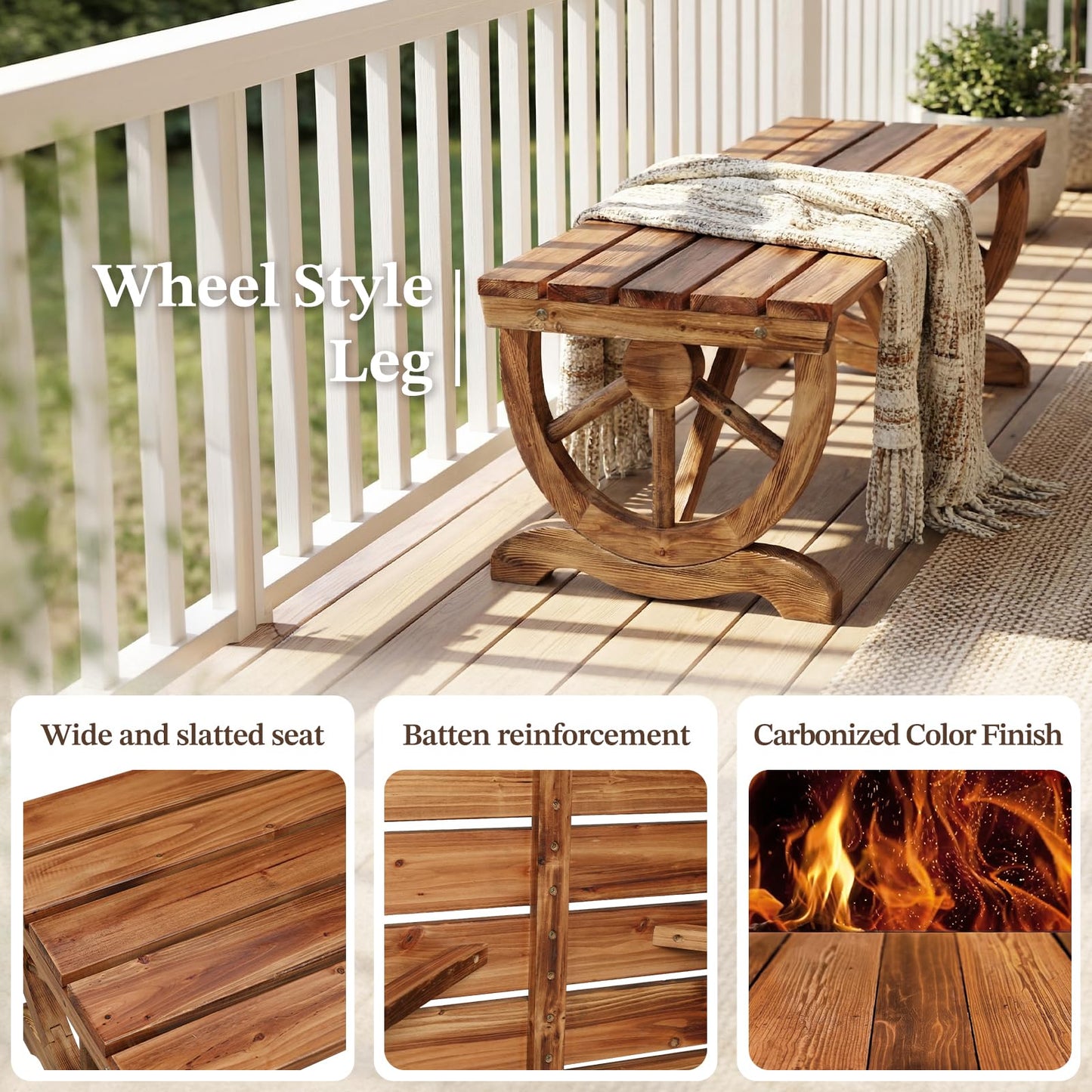 Outvita 39'' Outdoor Wooden Bench, 2-Person Rustic Wagon Wheel Bench with Slatted Seat and Carbonized Fir Wood Construction, Weather-Resistant Garden Bench for Patio, Porch and Backyard(Light Brown)