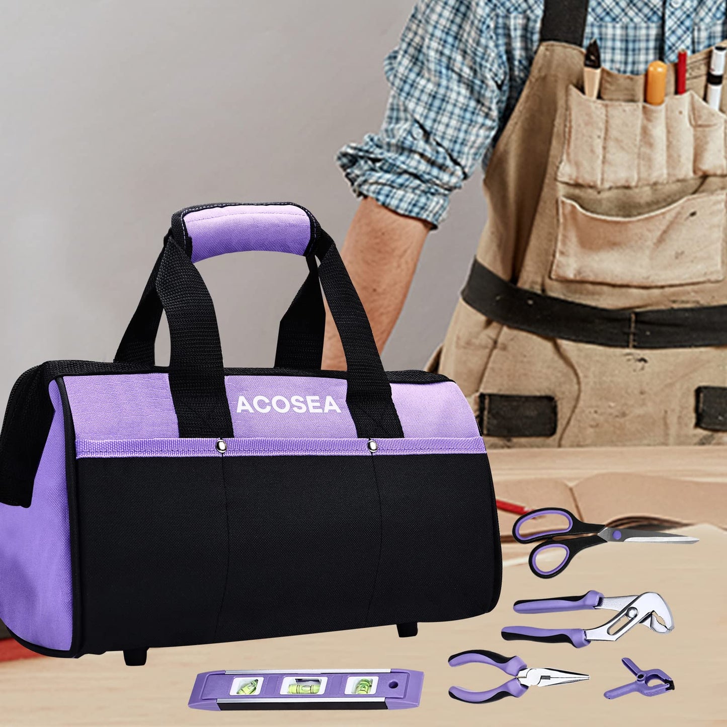 ACOSEA Purple Tool Bag,13 Inch Wide Mouth Open Tool Organizer with 12 Storage Pockets (Purple)