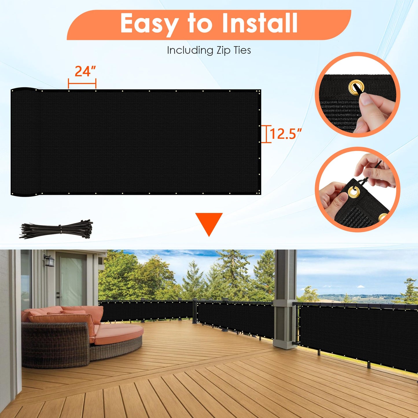 iCover 4x50ft Privacy Screen Fence, Outdoor Fencing Panels, Garden Windscreen Mesh Shade Sail Net Barrier, Include Reinforced Bindings and Brass Grommets Cable Zip Ties, Black