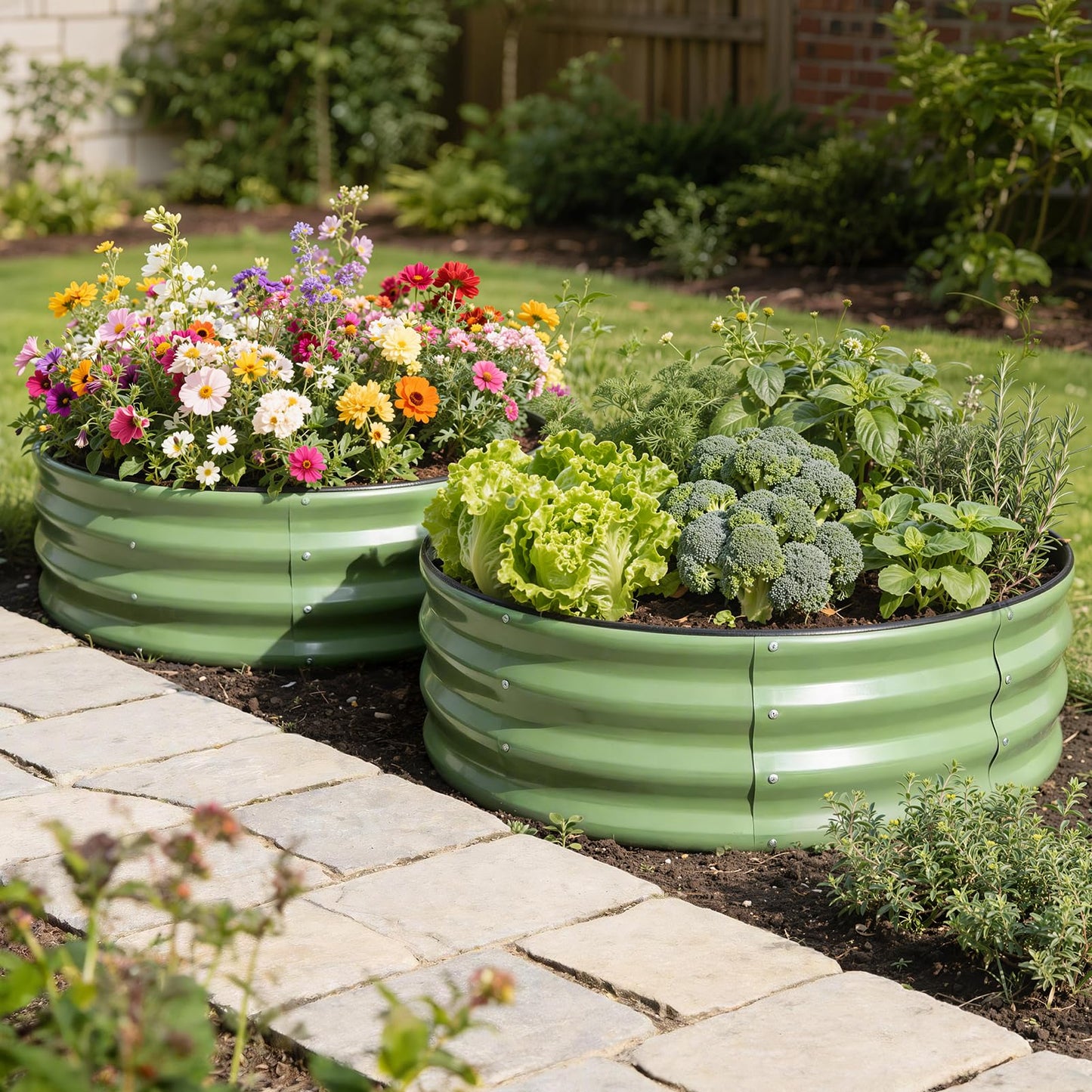 VIREO GARDEN Galvanized Raised Garden Bed Outdoor 2Pcs | 4x4x1ft Metal Raised Beds for Gardening with Safety Rubber Strip | Round Planter Box for Plants Like Vegetables Fruits Flowers, Olive Green