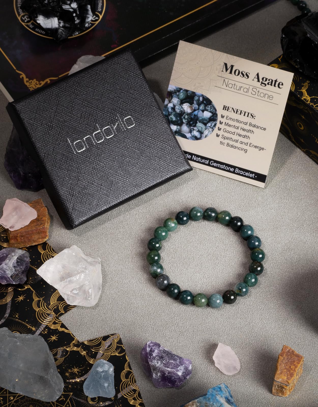 Landorilo Beaded Bracelet for Men Women, 8mm Natural Stone Moss Agate Healing Crystal Stretch Bracelets, Ideal Christmas Birthday Jewelry Gifts with Energy Card，Replacement Beads Included