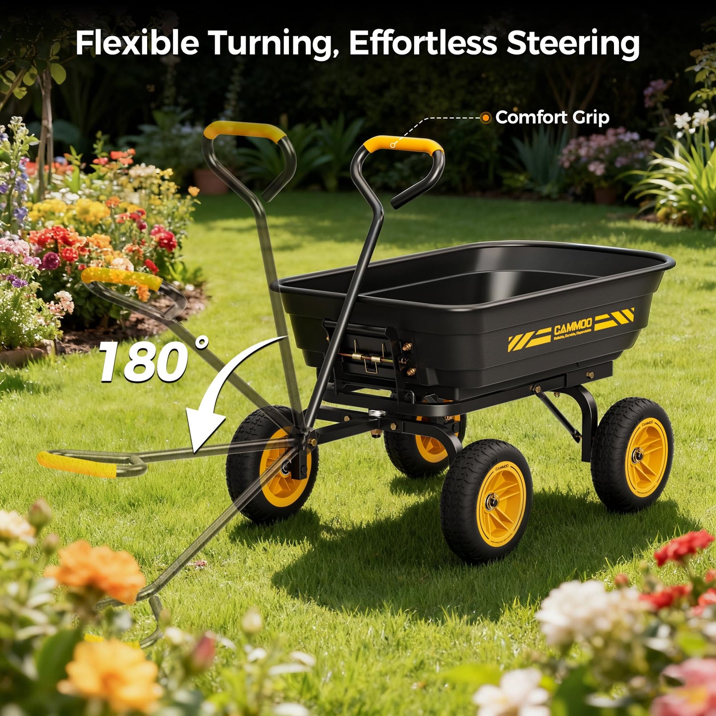 CAMMOO 10-in NO-FLAT TIRES 600lb Heavy-Duty Garden Dump Cart 4 Cu.Ft. Utility Wagon with Quick-Release Dumping & Prime Grade 100% Virgin Polypropylene - Not Recycled Material for Landscaping Gardening