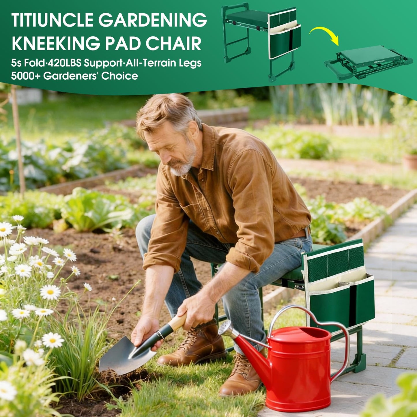 TITIUNCLE Garden Kneeler and Seat for Seniors: Heavy Duty 420 LBS Support Anti-Tip Multifunctional Gardening Stool Bench with Widened Thick Soft Kneeling Pad &Tool Bag - Foldable for Gardeners