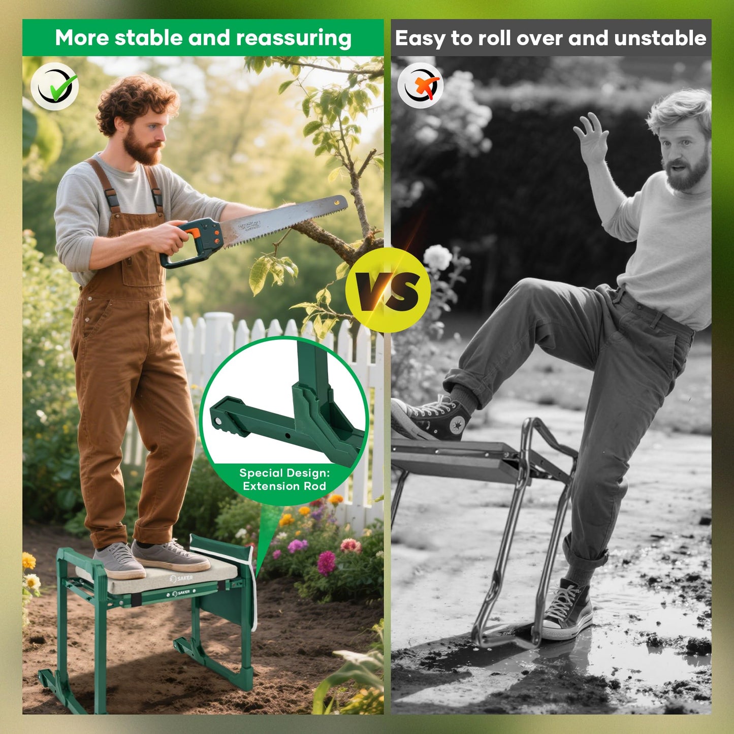 Saker Garden Kneeler and Seat Foldable Gardening Stool with Extendable Legs & Thickened Pad, Tool, Heavy Duty 500lbs Support for Elderly, Gardening, Outdoor Use