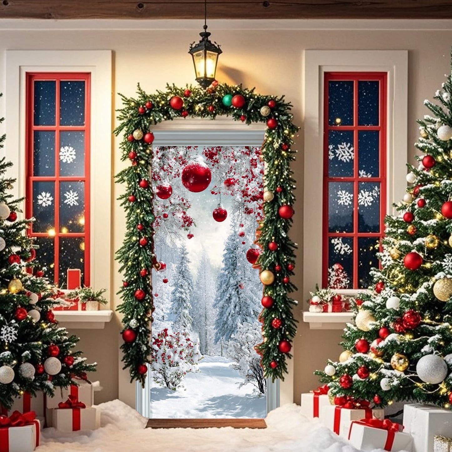 Nuxovilar Snow Scene Door Cover with Red Accents Background Winter Xmas Holiday Wonderland Decorations Party Supplies Hanging Banner for Home, Office, Indoor & Outdoor Use (35x71 Inches)