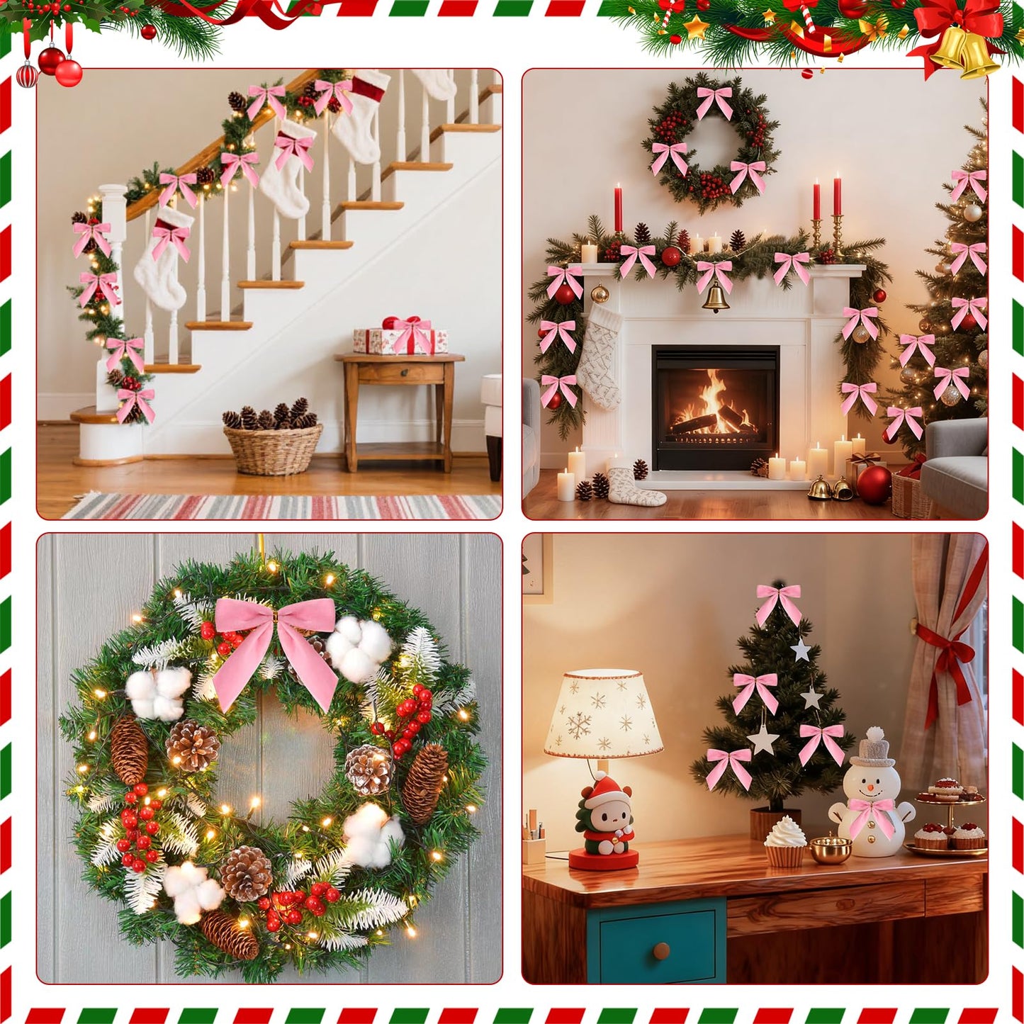 CCILAND 24 Pcs Pink Small Velvet Bows for Christmas Tree, 3.54 Inch Mini Christmas Bows for Gift Wrapping, Twist Tie Velvet Bows Xmas Ornaments for Wreath, Crafts, Party, Wedding