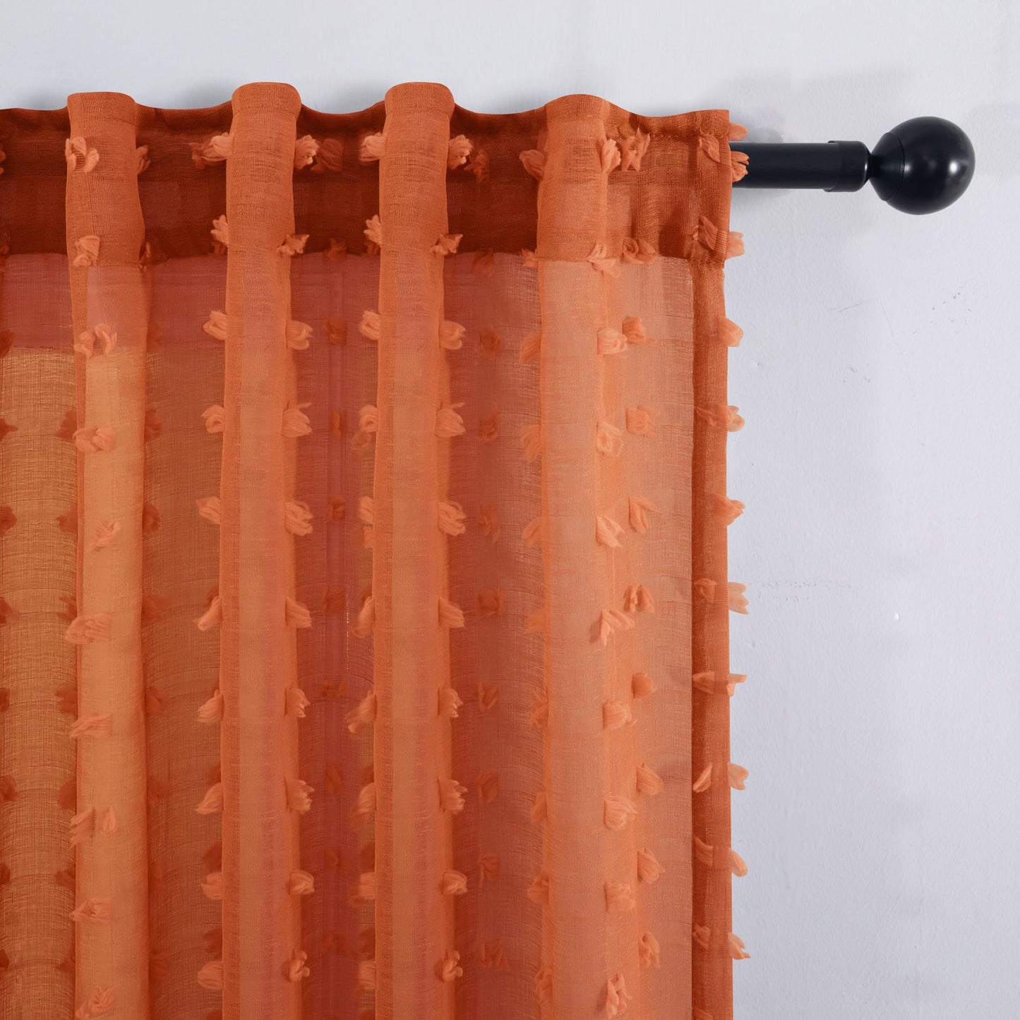 KOUFALL Boho Sheer Orange Curtains 2 Panels 96 Inches Long for Bedroom Pom Pom Back Tab Floor Length Bohemian Curtain for Living Room Burnt Rust Orange