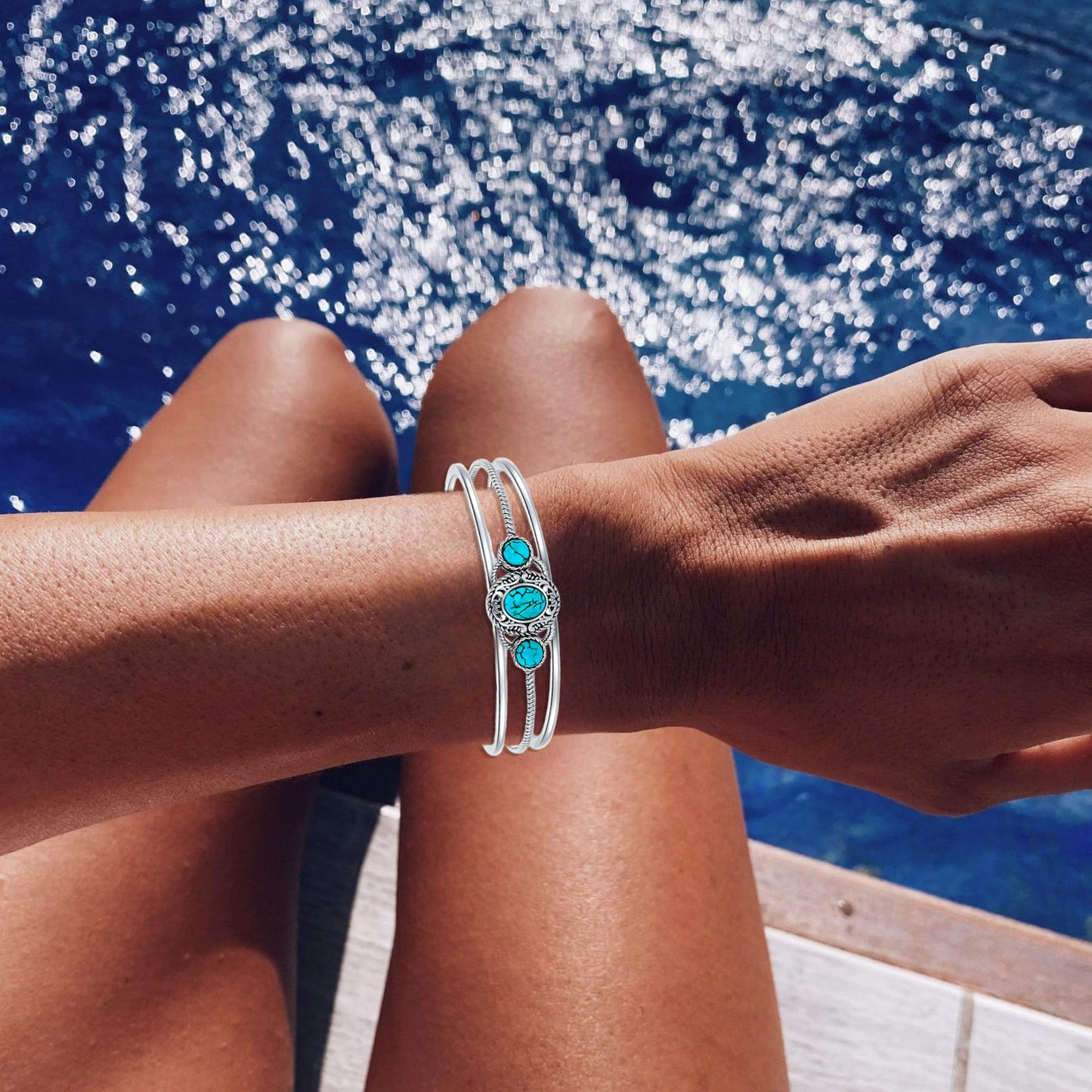 DOLIOX Genuine 3 Turquoise Stone Bracelet, Sterling Silver Boho Adjustable Bangle Cuff Native American Vintage Jewelry for Women, Fit for 6.5 7 7.5 Inches
