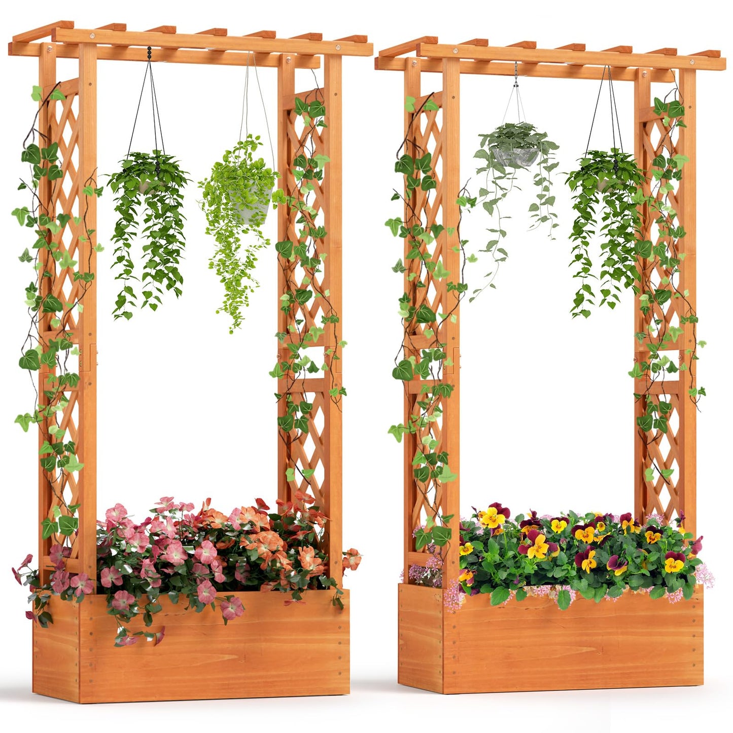 Giantex Set of 2 Raised Garden Bed with 2-Sided Trellis & Hanging Roof, Fir Wood Planter Box w/Drainage Holes, Bottom Gaps, Freestanding Garden Planter for Flowers Herbs Climbing Vines (31"x12.5"x60")