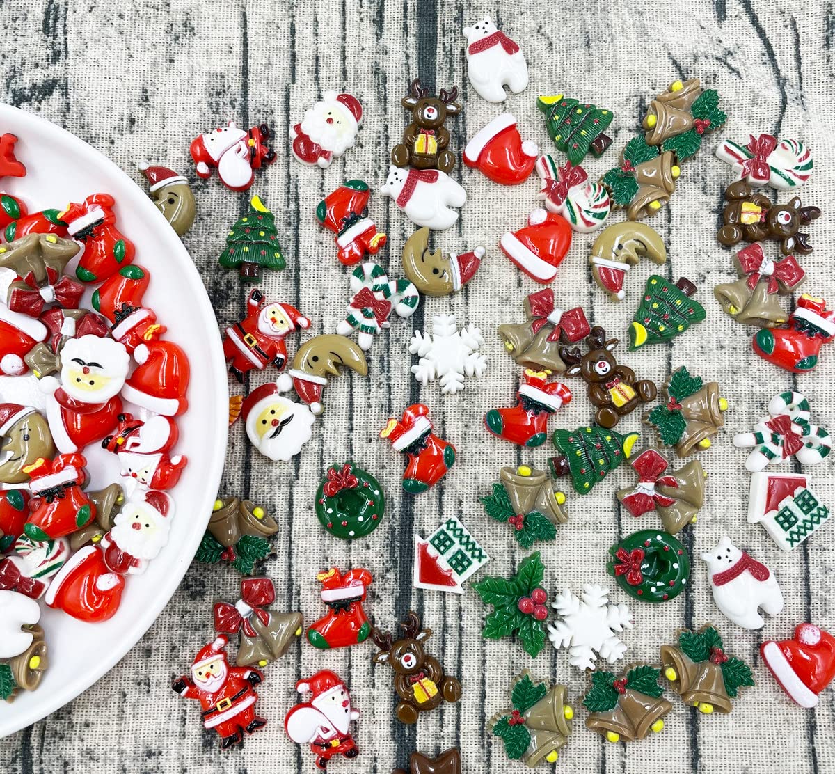 Christmas Flatback Charms, 55Pcs Christmas Resin Flatback Charms Assorted Button Santa Snowman Tree Bell Deer Cartoon Embellishments Supplies for DIY Scrapbooking Jewelry Cell Phone Case