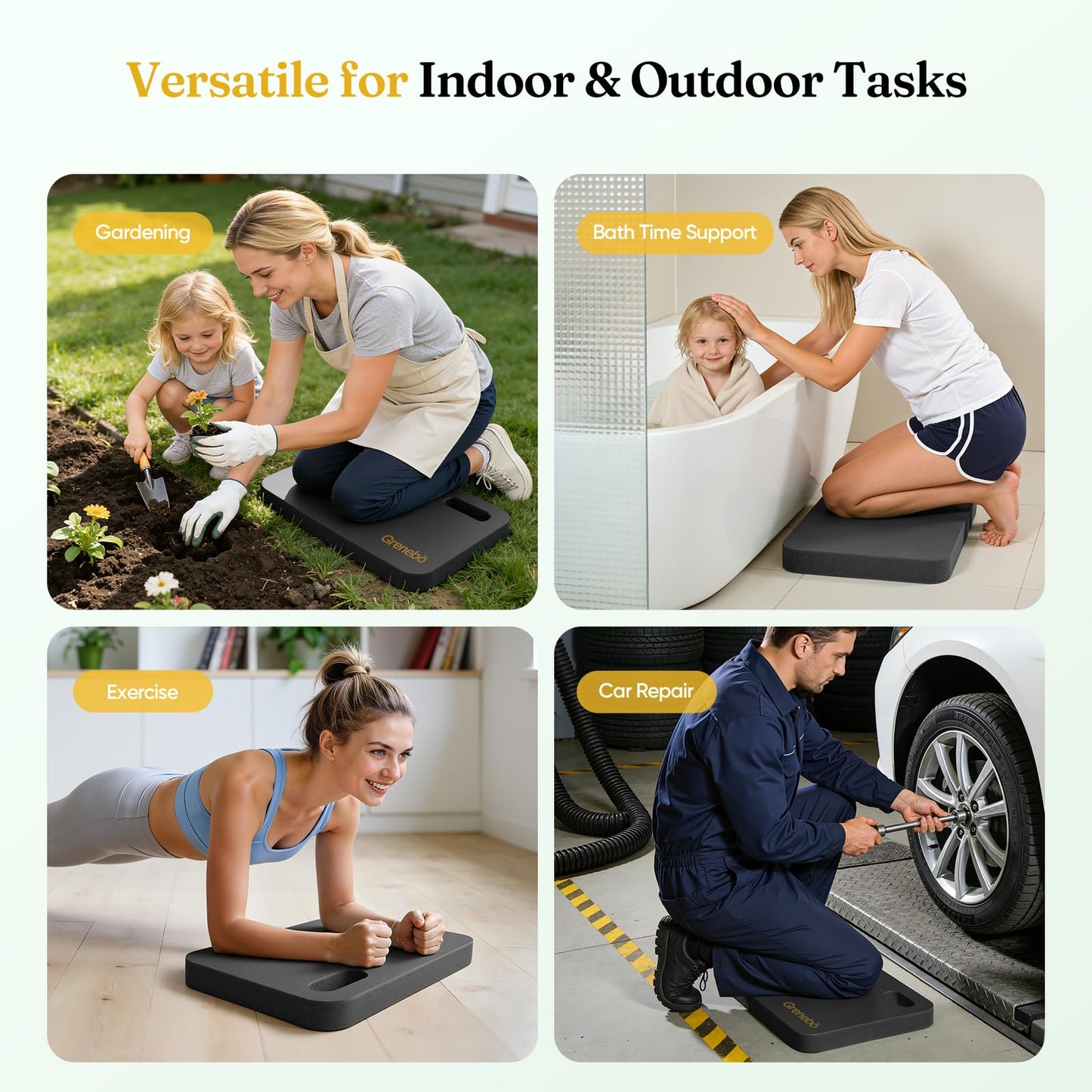 Grenebo 2-Pack 1.6" Extra Thick NBR Foam Garden Kneeling Pads, Ultra Soft Cushion Kneeling Pads for Gardening, Gardening Kneeling Pad for Baby Bathing, Work, Exercise, 17.3×11×1.6 in, Black