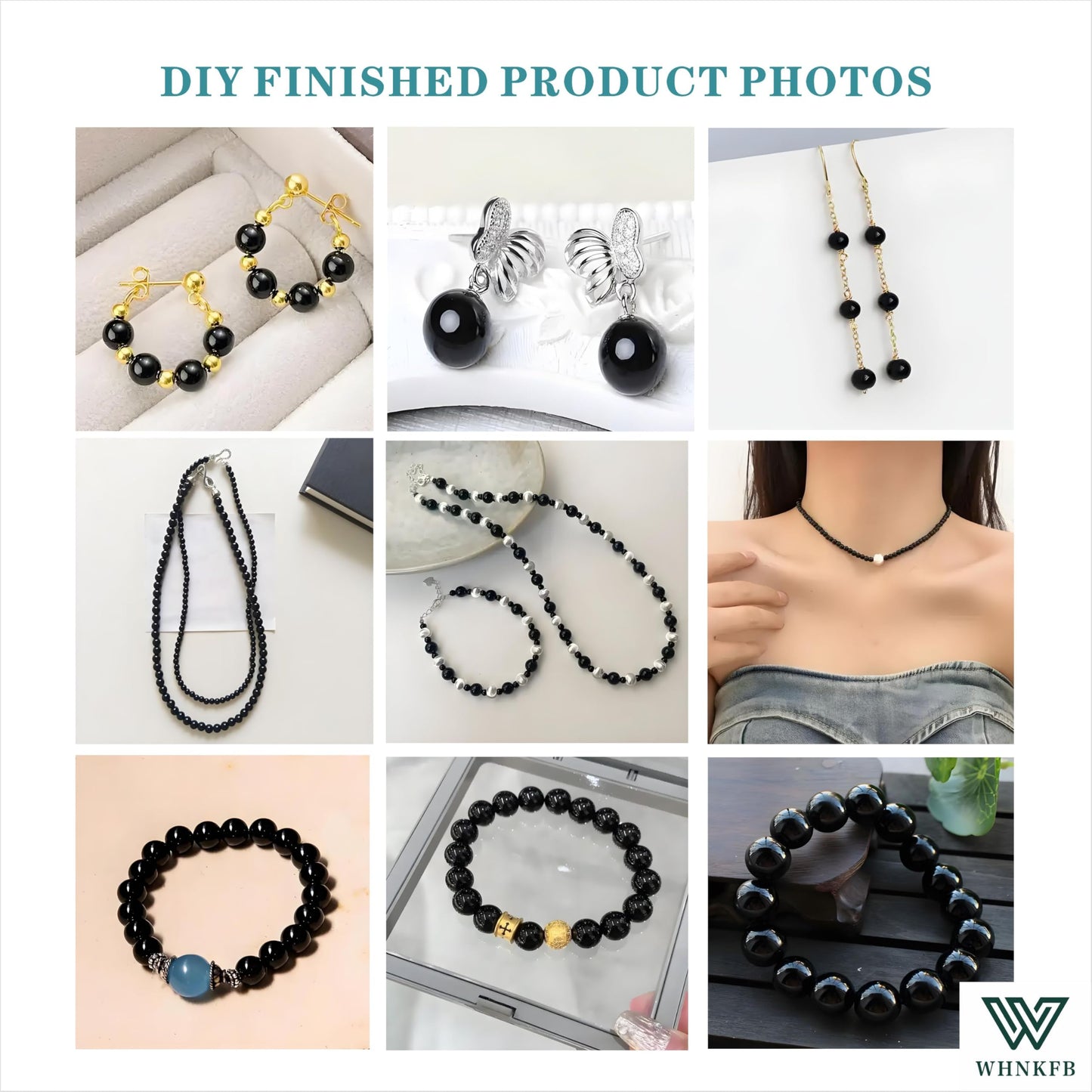 WHNKFB 8mm 50PCS Natural Black Onyx Round Beads, Smooth Polished Agate Loose Beads for Jewelry Making Craft - 4mm 6mm 8mm 10mm Options with Free Elastic Cord