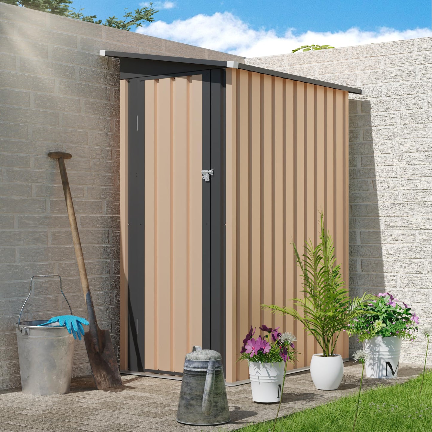 KEIKI 5x3 FT Metal Storage Shed with Pent Roof & Side Hinge Door, Small Outdoor Storage Shed for Garden Tools, Backyard Metal Shed for Patio or Tiny House Use, Brown
