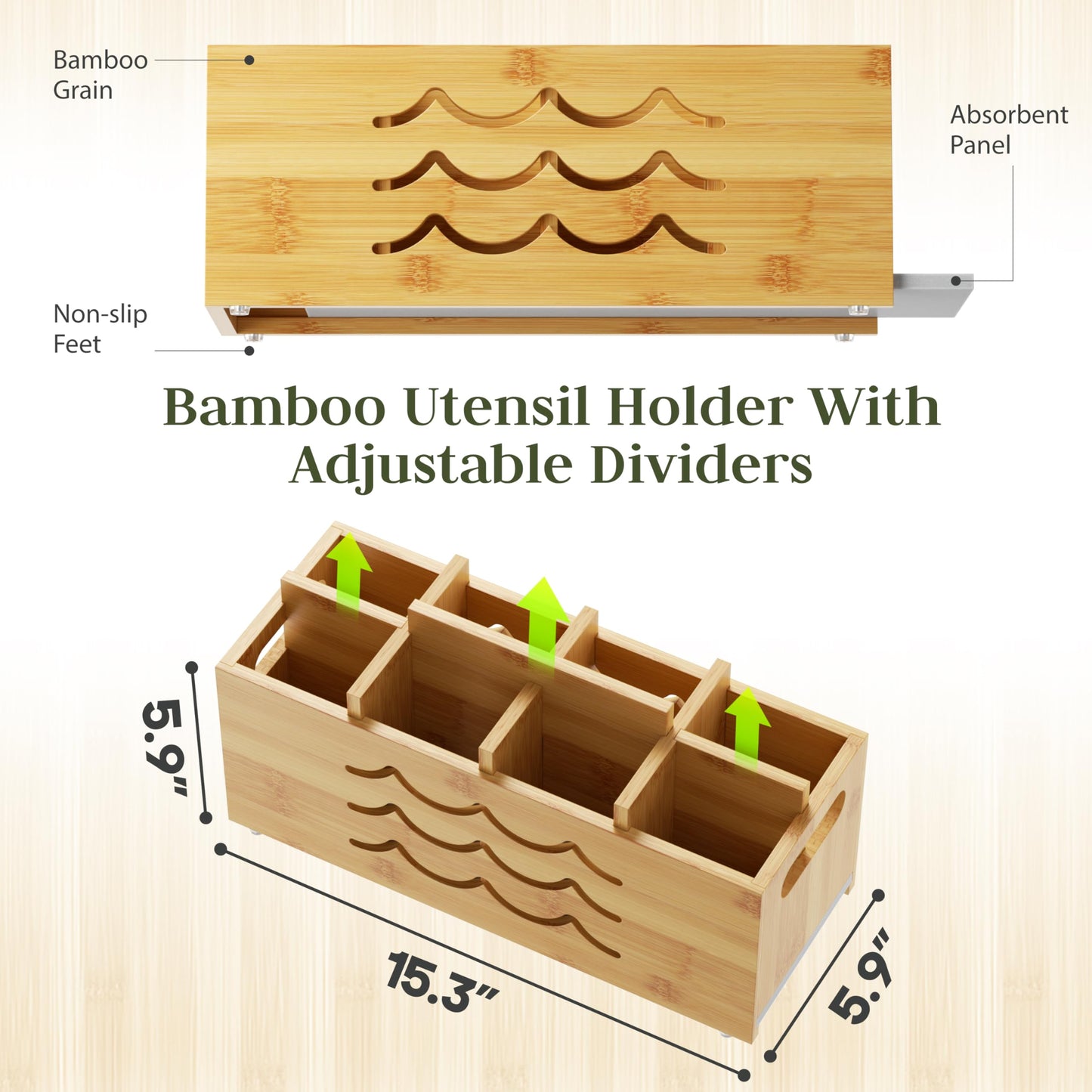 Kcrystenia Large Kitchen Utensil Holder for Countertop, 8 Adjustable Compartments Cooking Utensil Holder Organizer, Bamboo Silverware Caddy with Absorbing Stone Drying Mat for Spatula Spoon