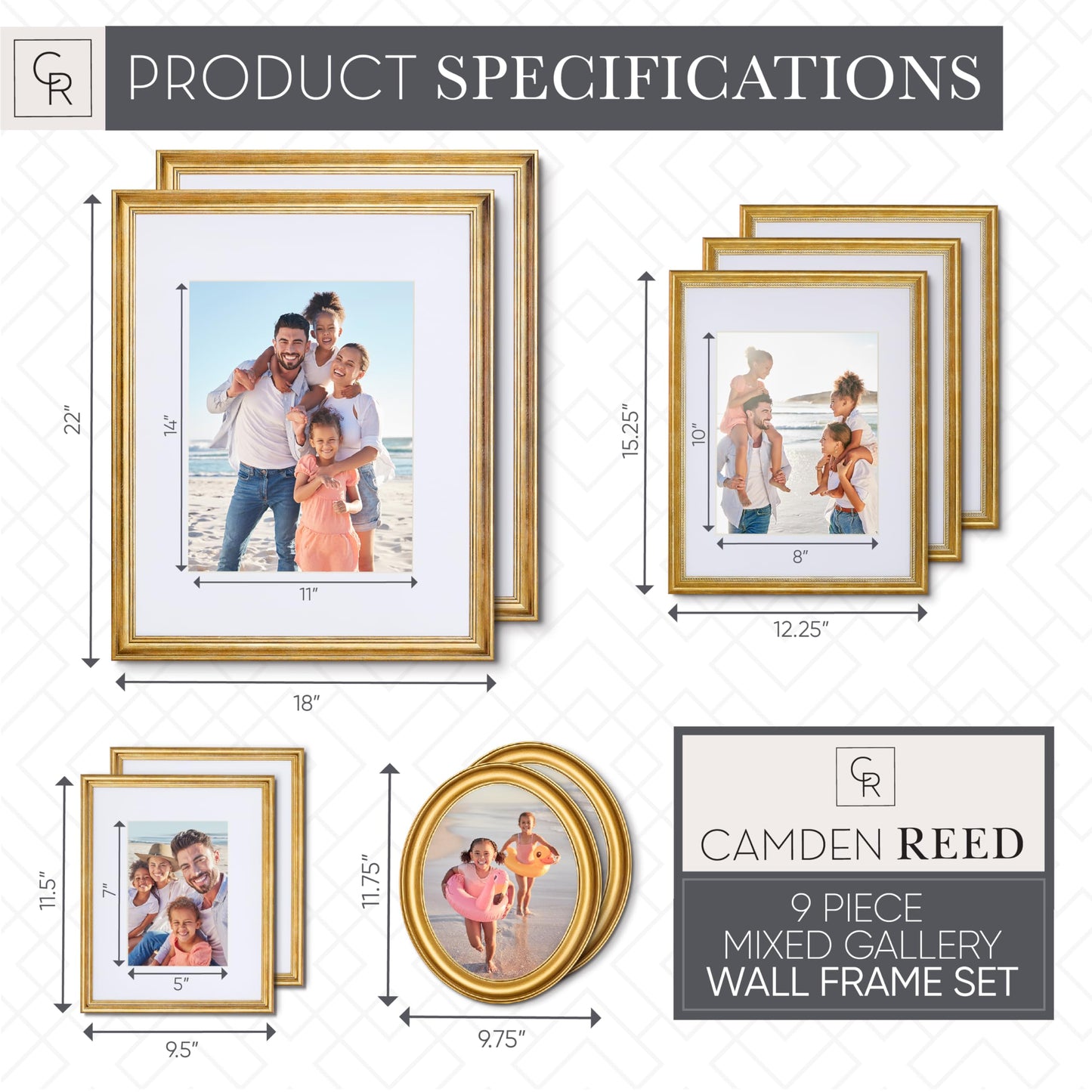 Camden Reed Mixed Gallery Wall Frame Set, (2) 16x20 Inch, (1) 11x14 Inch, and (2) 8x10 Inch, 9 Piece, Brass