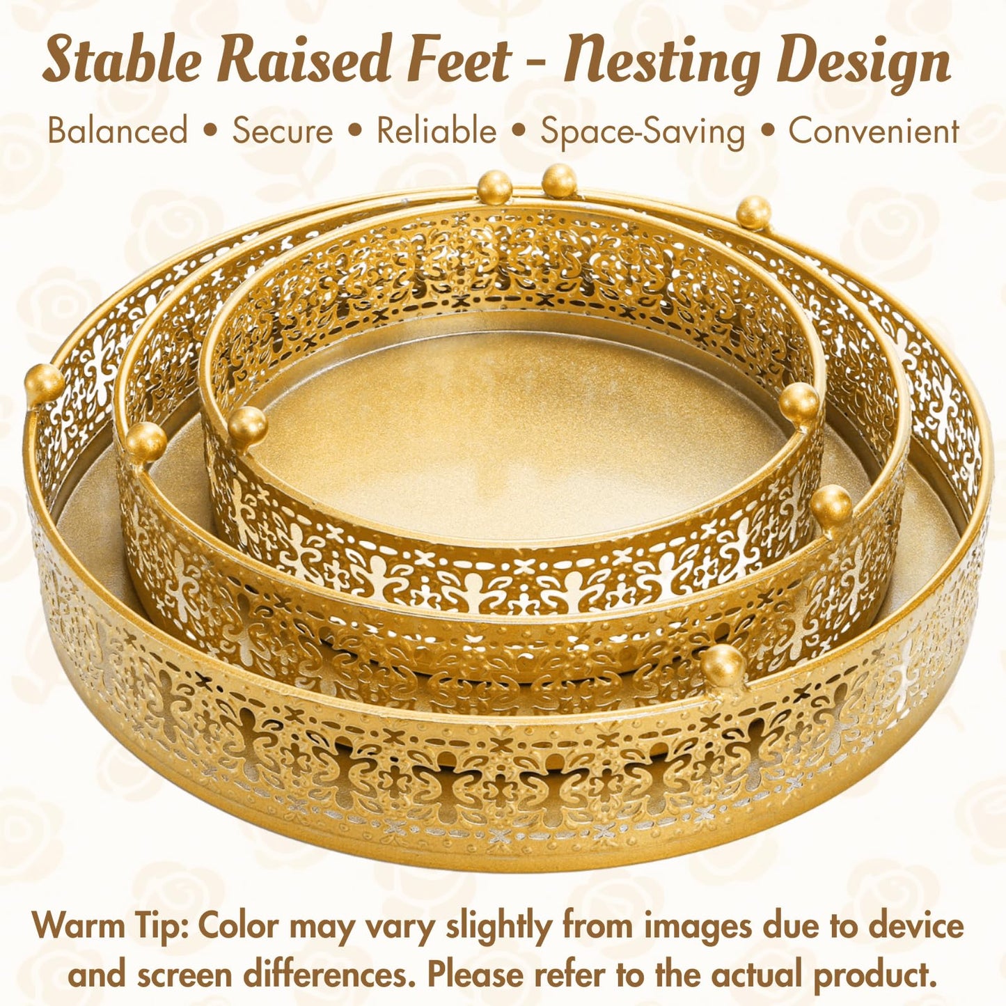 Youeon Gold Round Cake Stand Set of 3, 12/10/8 Inch Metal Hollow Cake Pedestals with Low Feet, Dessert Display Stands for Wedding, Birthday, Party, Anniversary & Holiday Entertaining