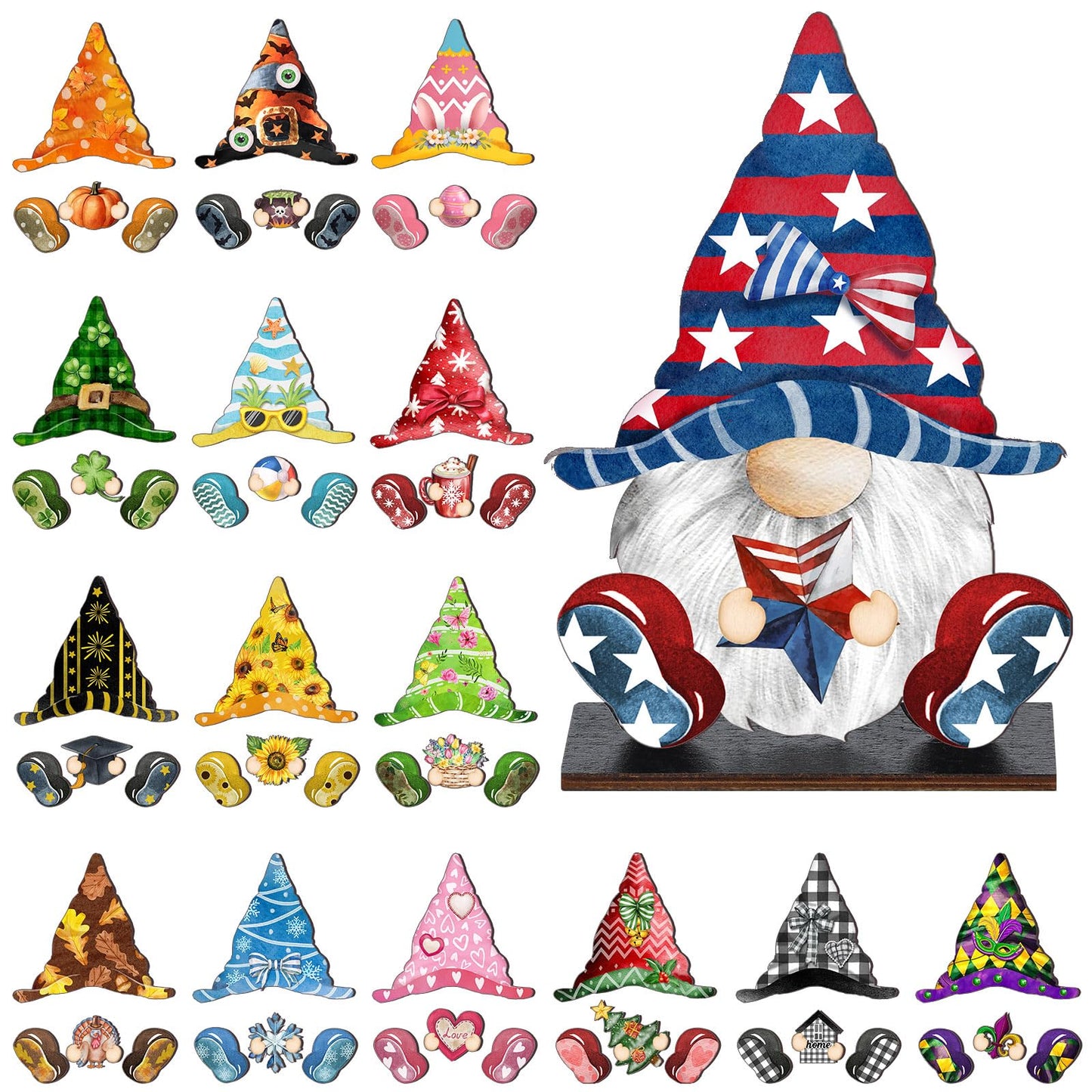 Blulu 34 Pcs Interchangeable Wooden Gnome Decor Summer 4th of July Patriotic Gnomes Welcome Sign Holiday Seasonal Tiered Tray Decor with Magnet Pieces for Gifts Decorations (Vivid)