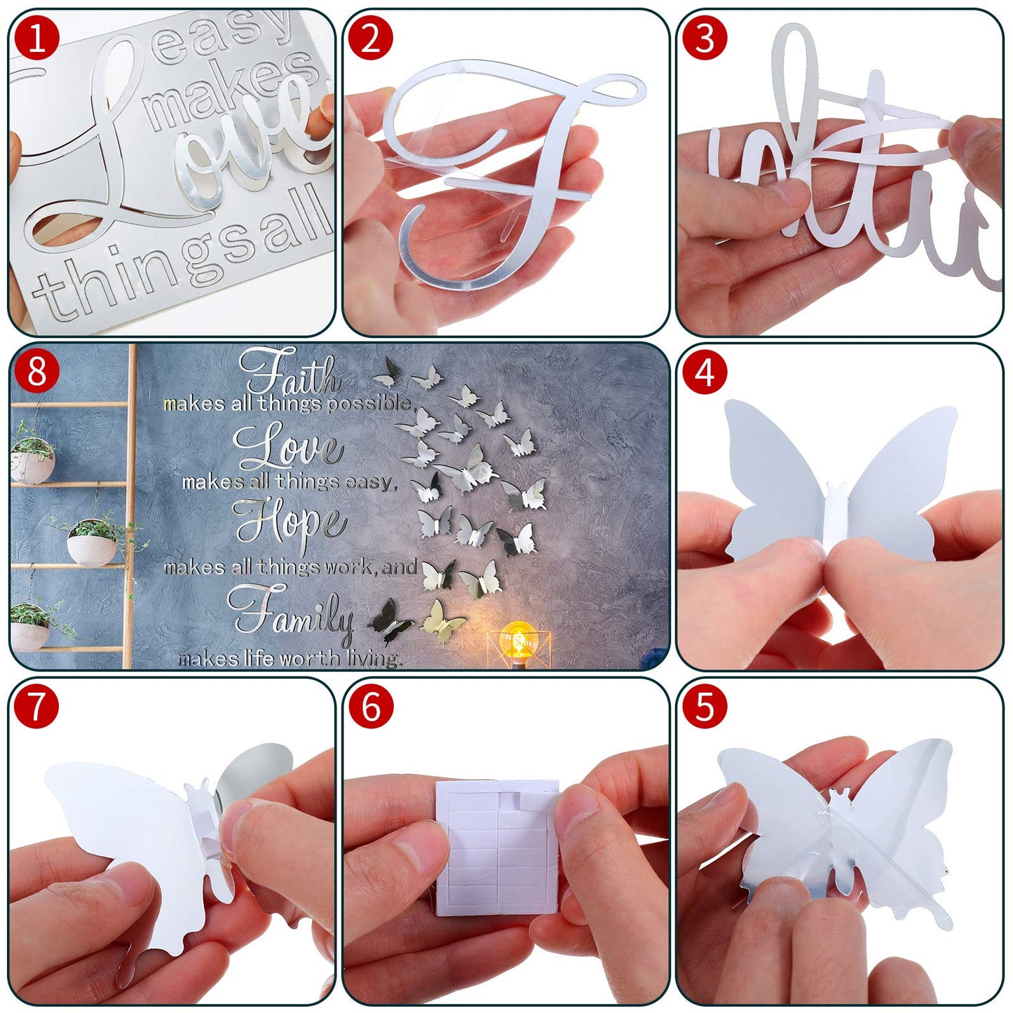 3D Acrylic Mirror Wall Decor Stickers Removable Butterfly Mirror Wall Stickers DIY Faith Makes All Things Possible for Home Office School Teen Dorm Room Decoration(Silver)