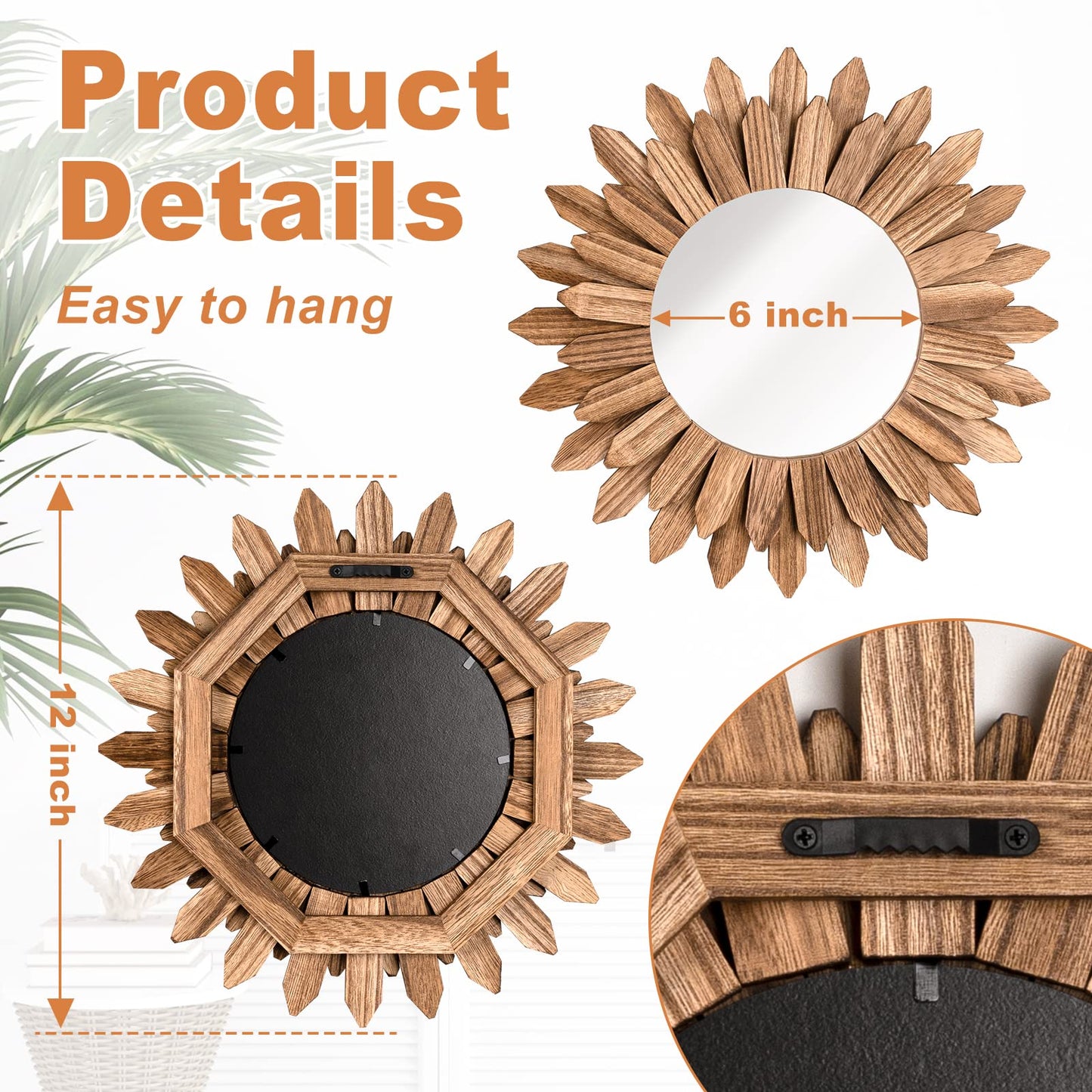 Emfogo Wall Mirror 12 inch Rustic Wood Sunburst Boho Mirror Wall Decor Home Decor for Bedroom Living Room Entryway Farmhouse (Carbonized Black)